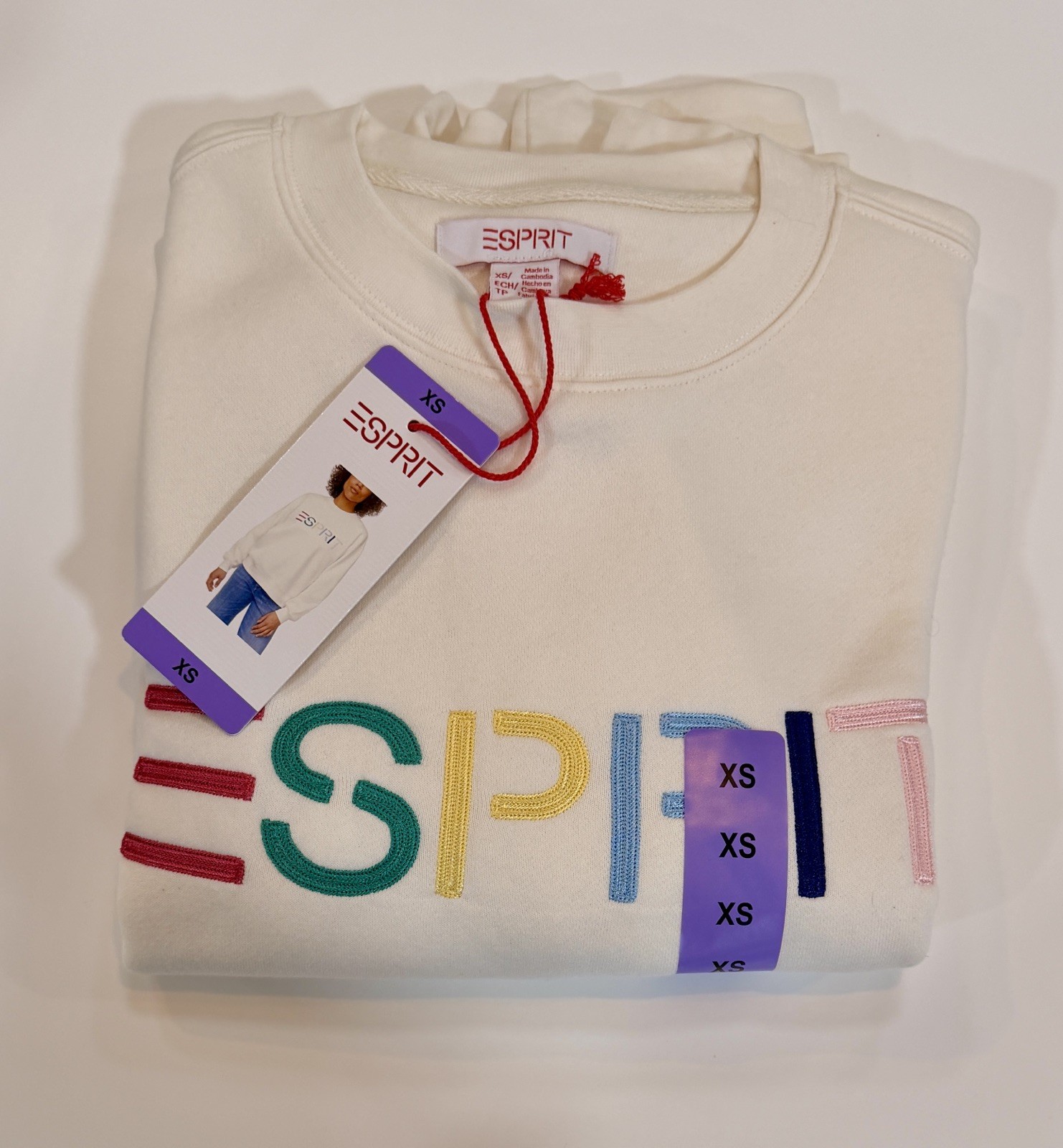 Costco Esprit Logo White Cream Crewneck Fleece Sweatshirt XS Retro 80s Viral