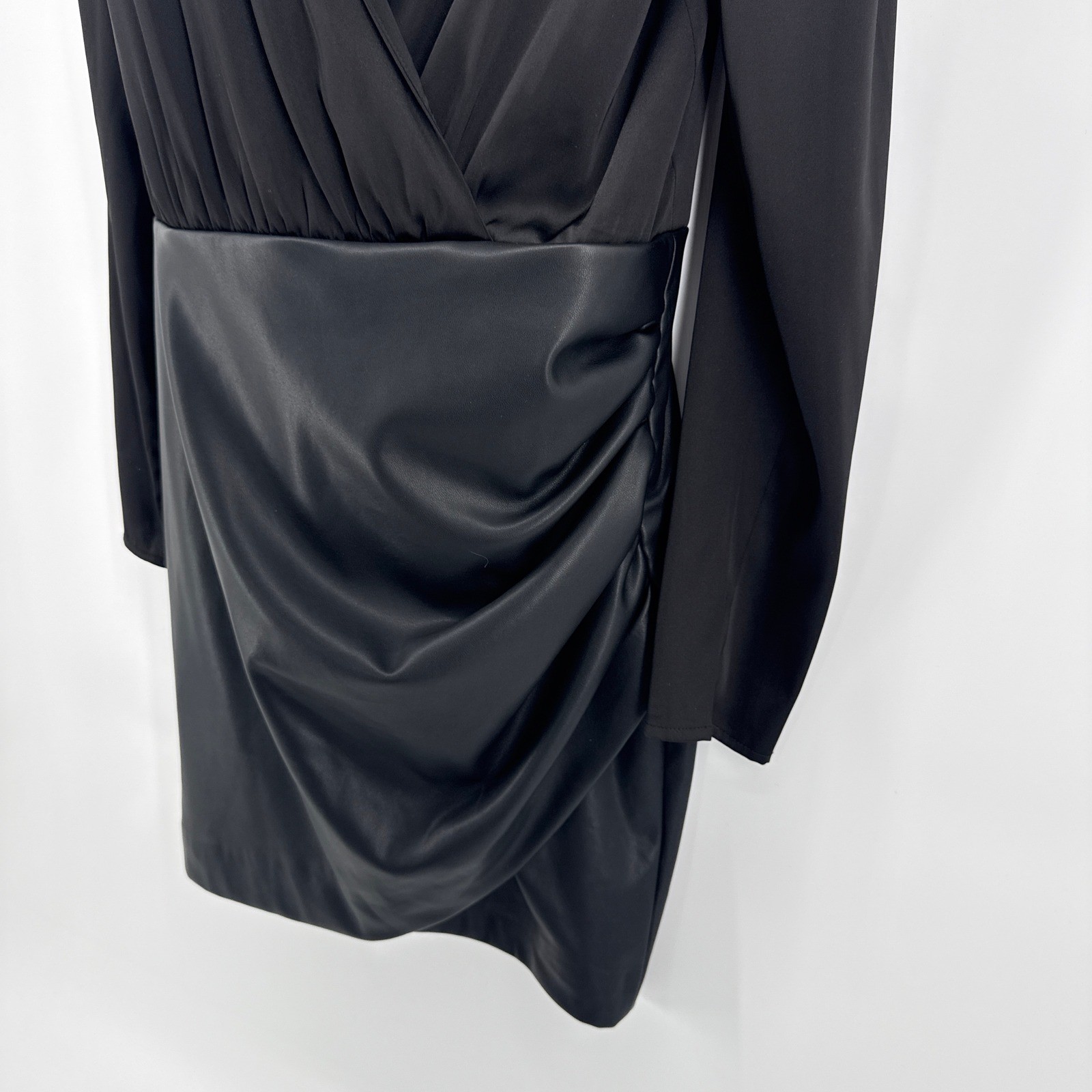 Generation Love Miley Faux Leather Combo Dress Black Draped V-Neck Mini Small