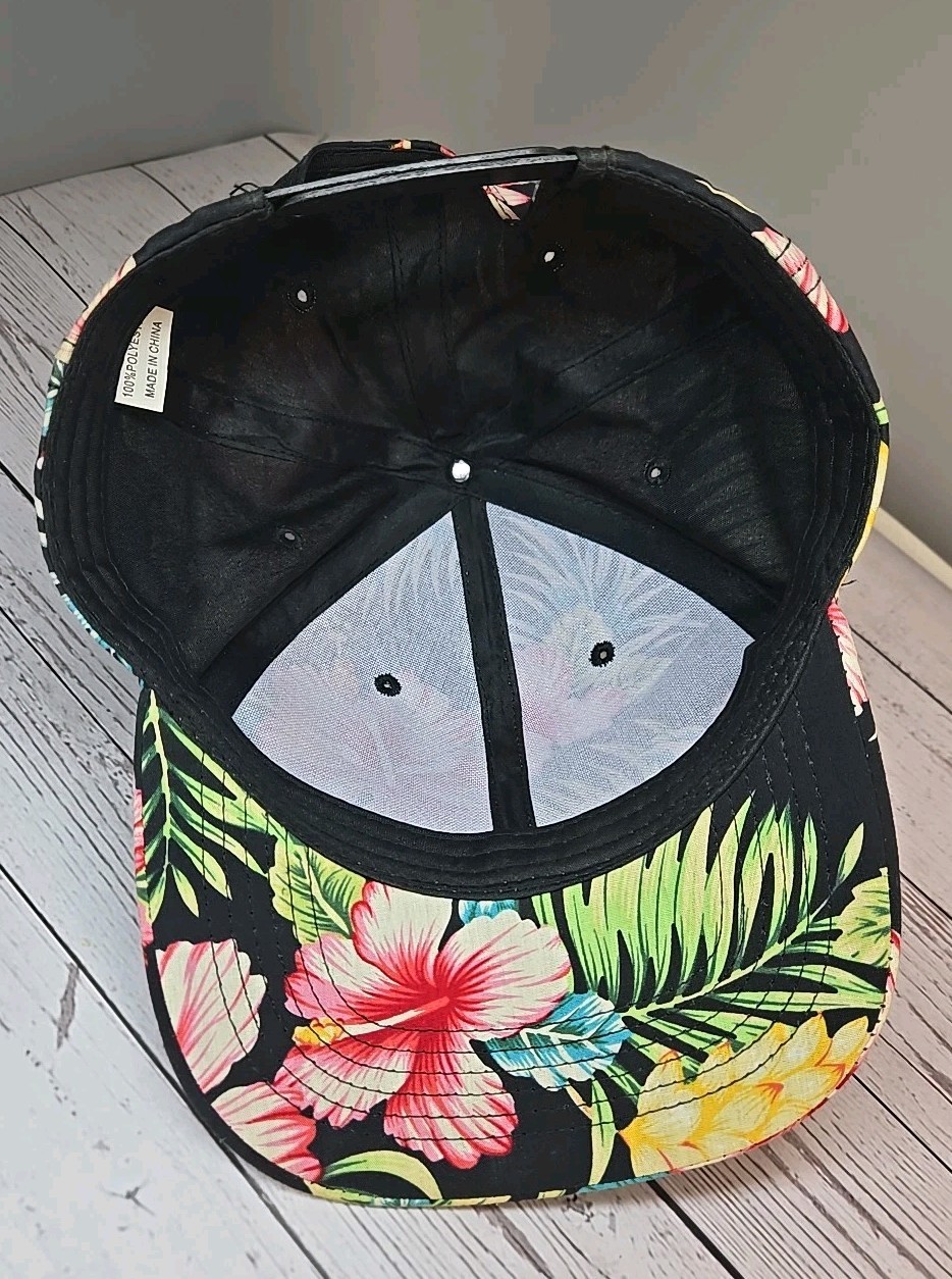 Floral Tropical Vacation Theme Black Hat Flowers Adjust Adult Size Baseball Hat