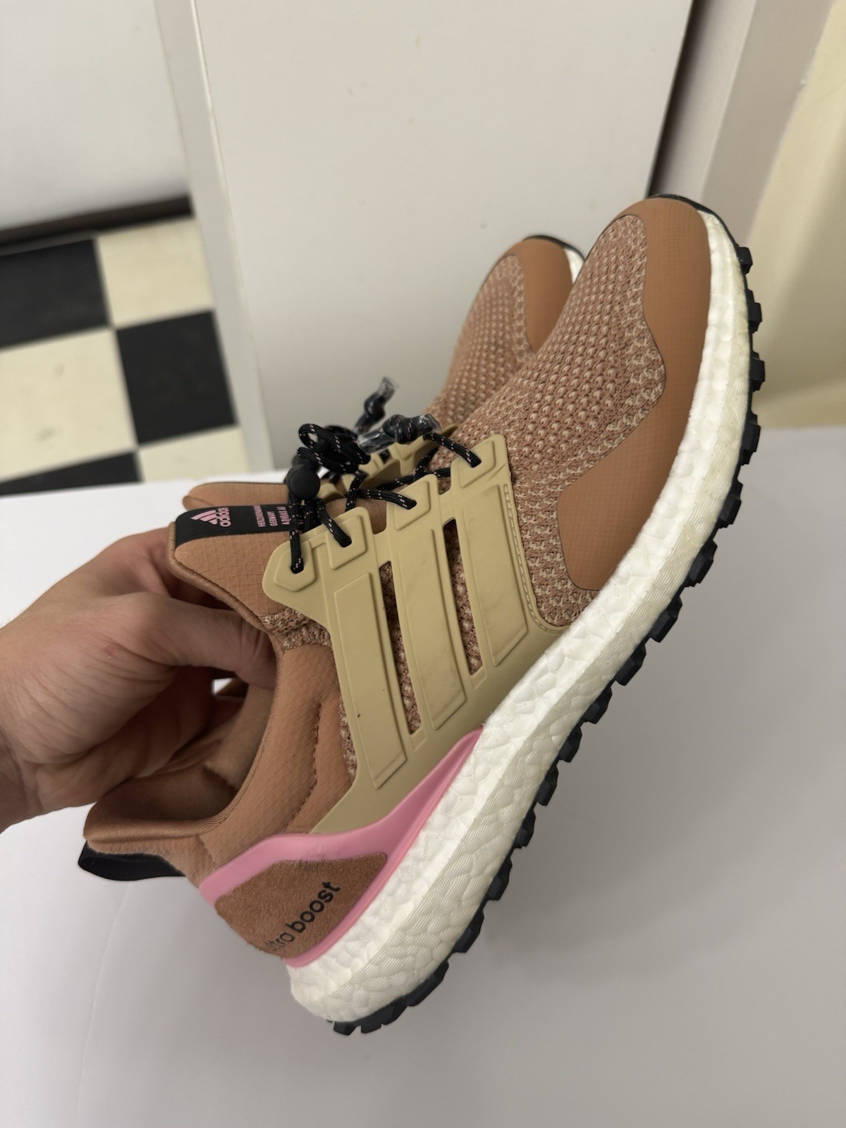 adidas UltraBoost Low Top Lace-Up Athletic Sneakers Brown Beige Pink