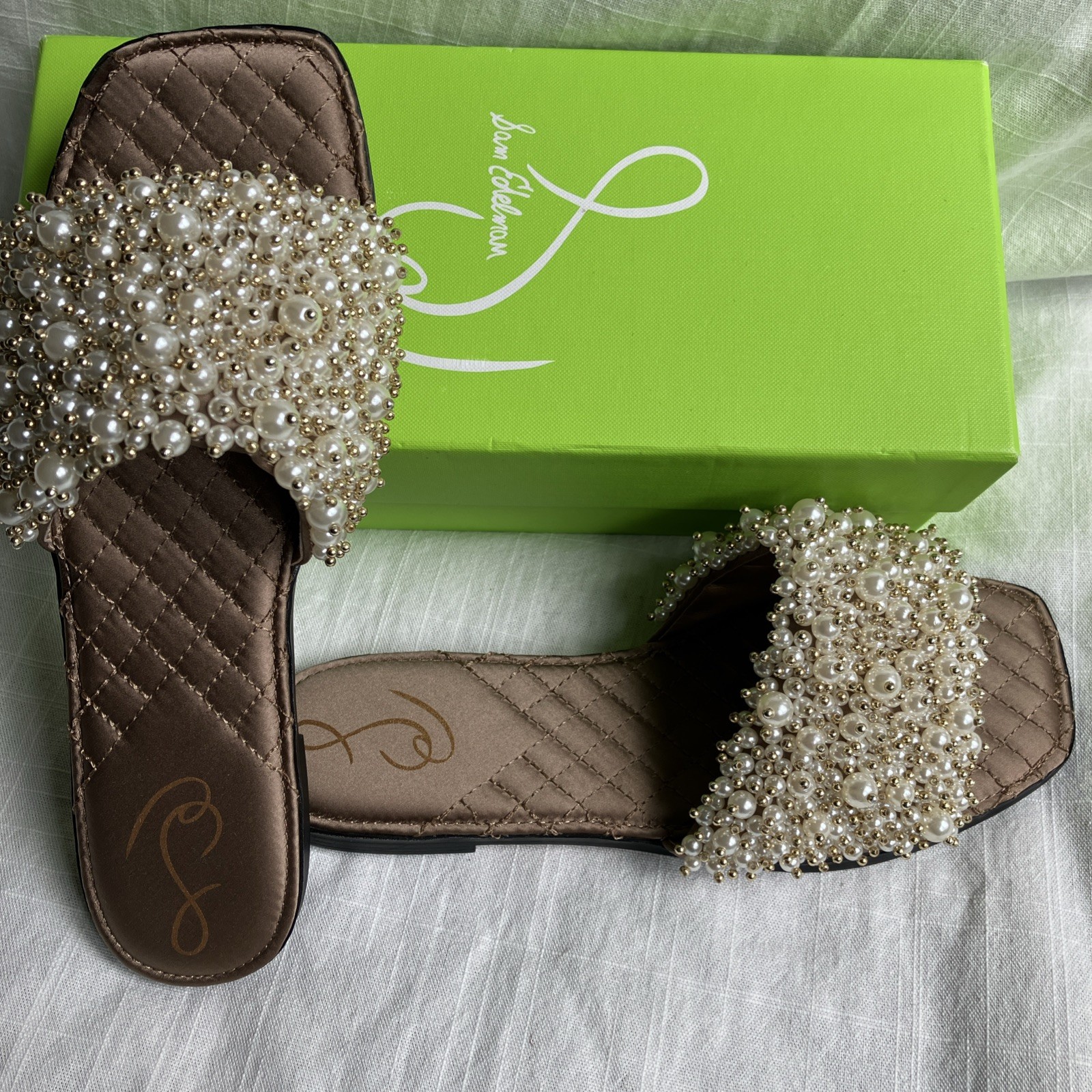 Sam Edelman Toffee Pearl Embellished Quilted Elijah Slide Sandals Size 8 gold