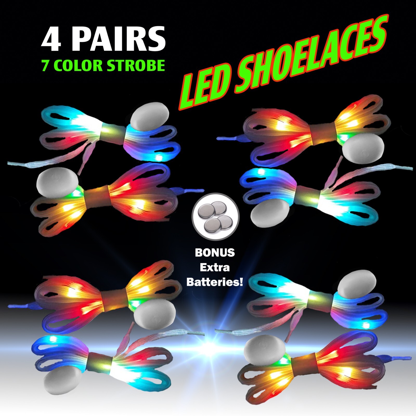 4 Pairs Light Up Shoelaces LED Lace Boys Costume Accessory Party Favor 7 Color