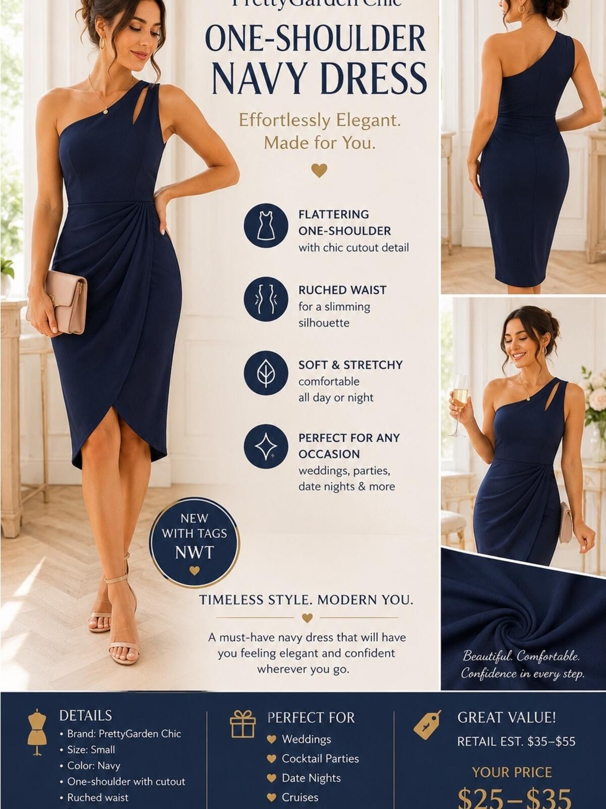 Navy One-Shoulder Ruched Dress