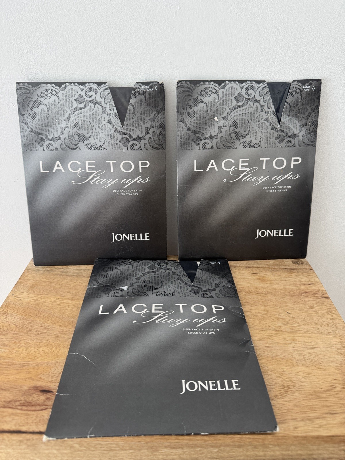 Jonelle Vintage Lace Top Stay Ups 15 Denier Black/Navy Large x3 Pairs Swiss Made