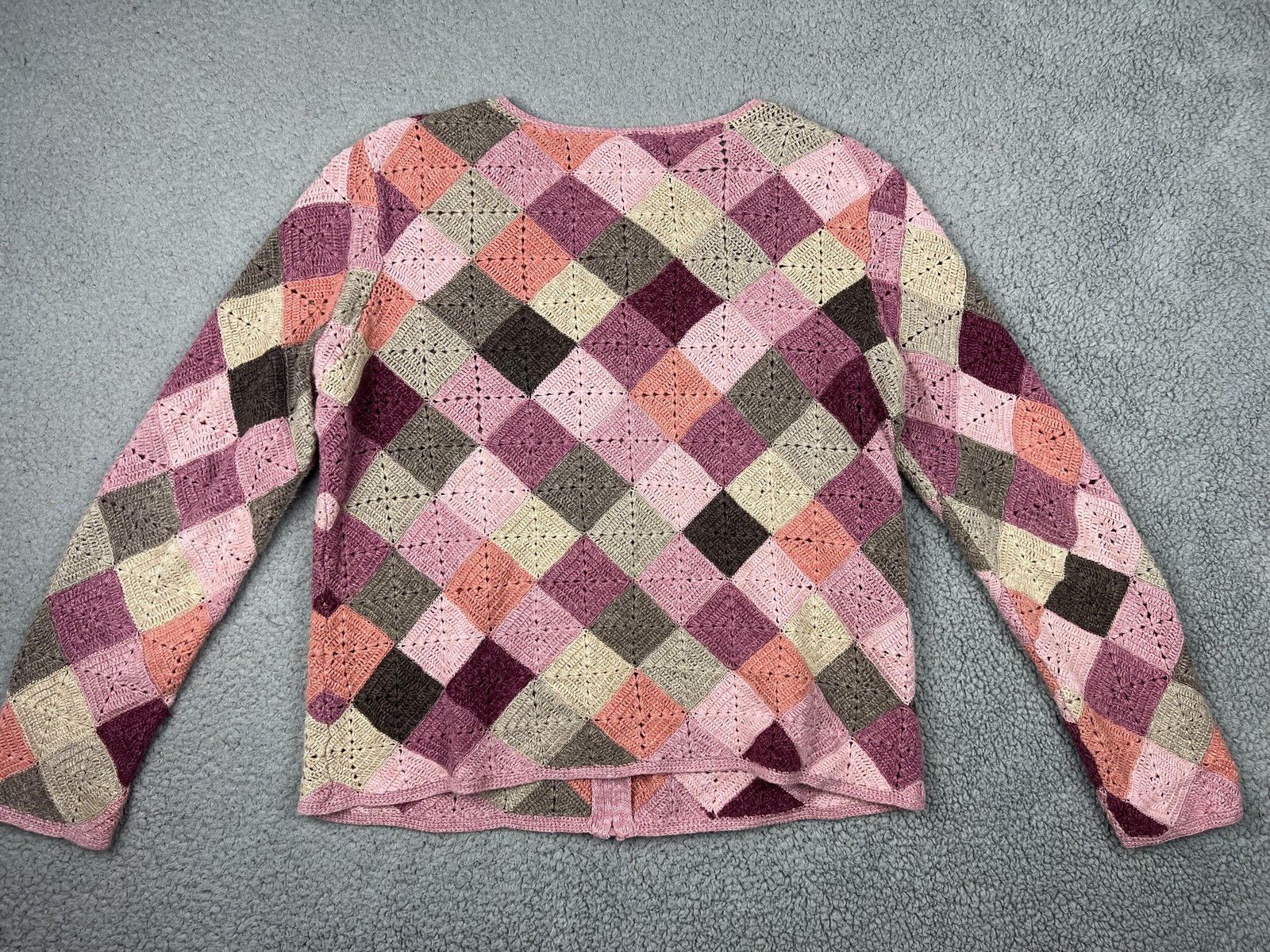 Talbots Cardigan Sweater Womens L/XL Pink Argyle Crochet Knit Zip Cottagecore