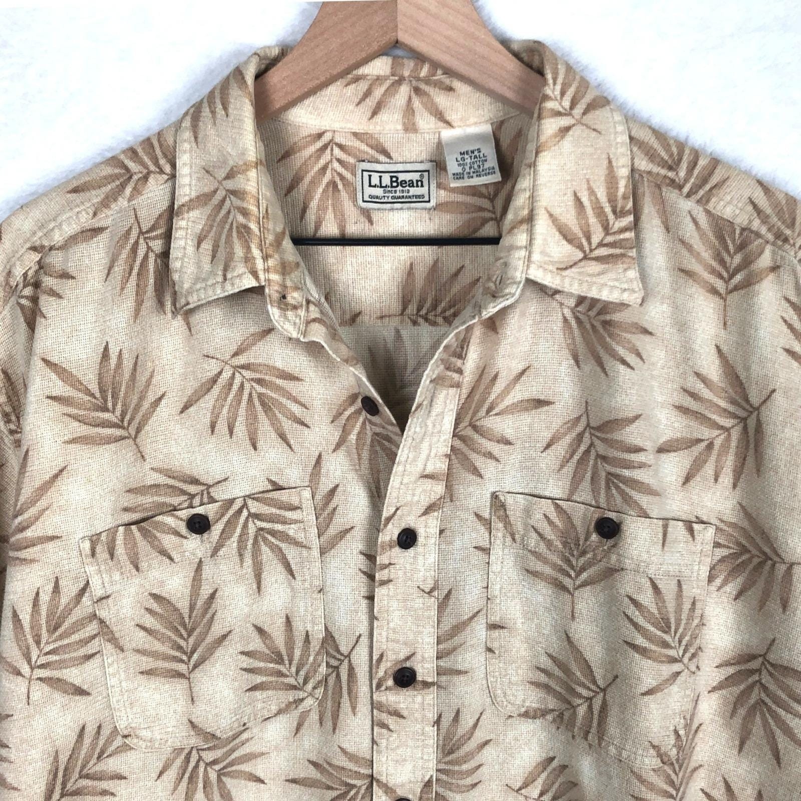 LL BEAN 100% Cotton Textured Tropical Palm Leaf Shirt Men’s Sz L Tall Tan S/S
