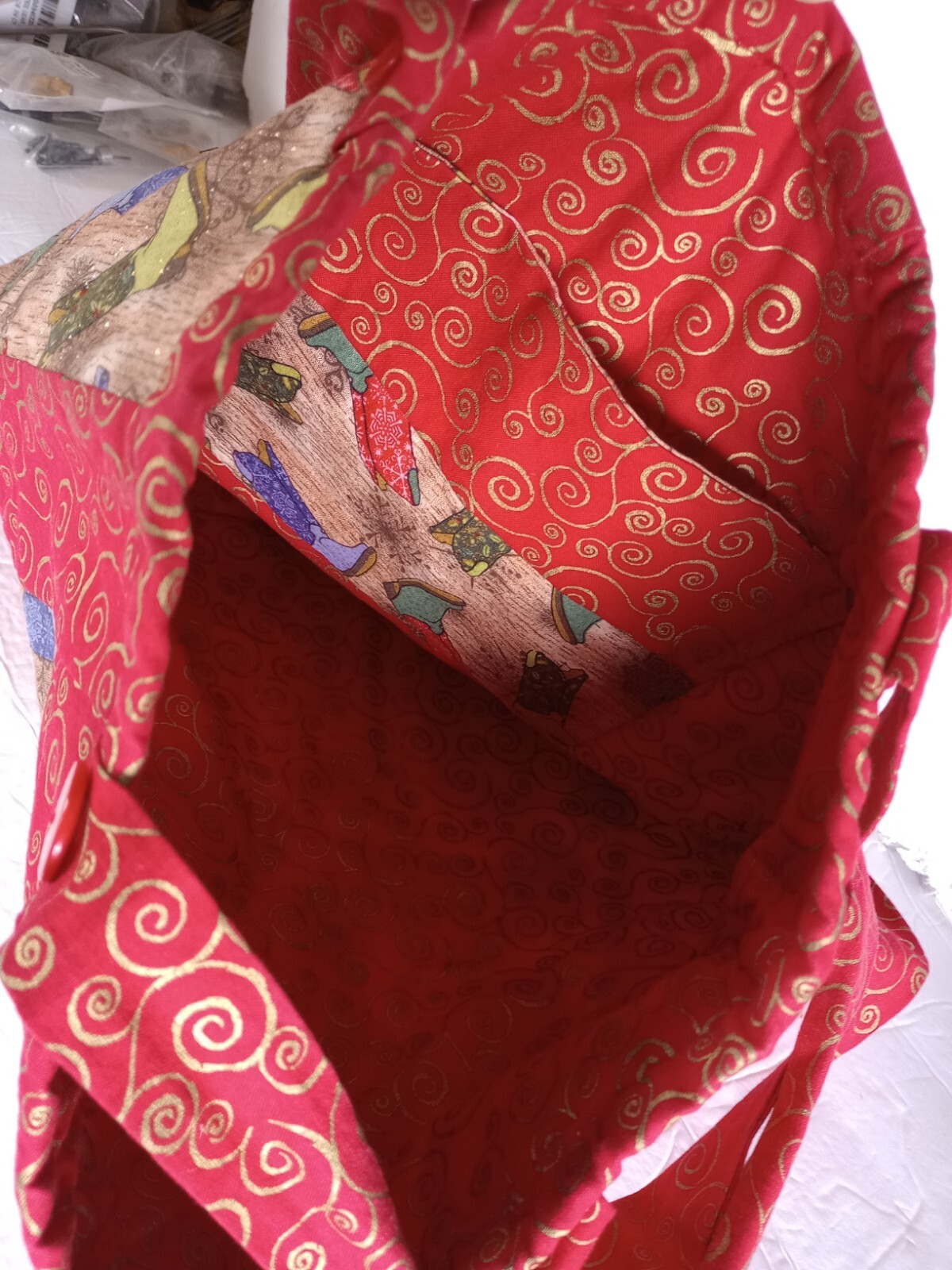 Handmade Cloth Re-Usable Shopping Tote Bag Cowboy Boot Print Colorful Red Sparkl