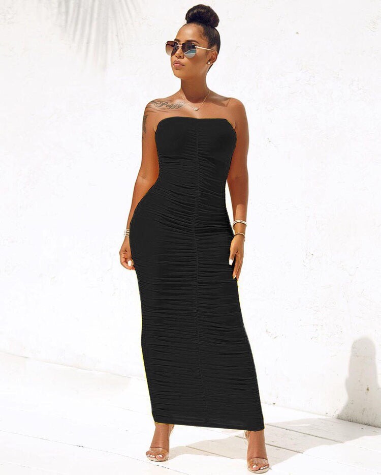 Women’s Sexy Ruched Tight Strapless Sleeveless Bodycon Tube Maxi Long Club Dress