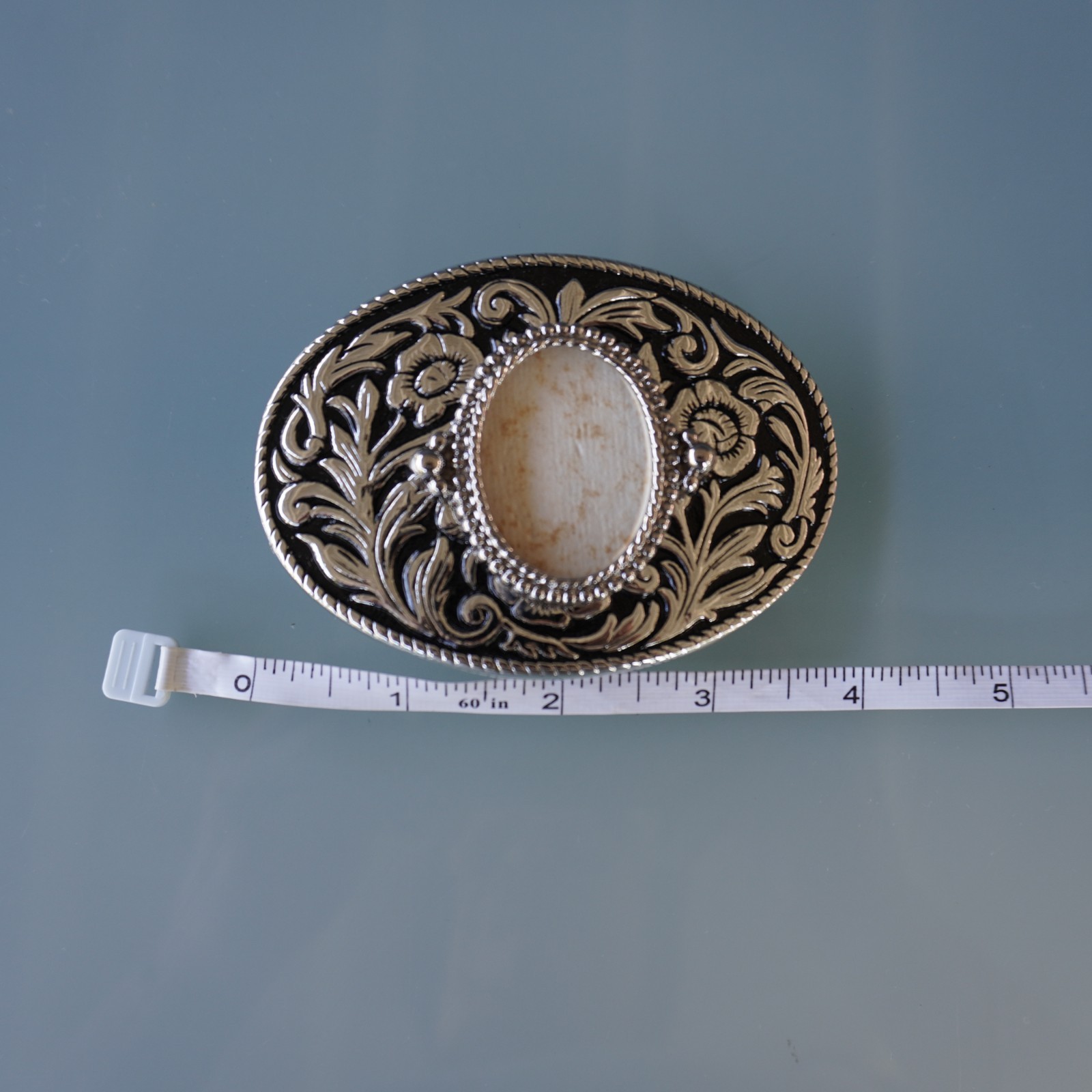 Vintage Western Belt Buckle Blank 30x40mm Cabochon Frame Floral Silver Made in U
