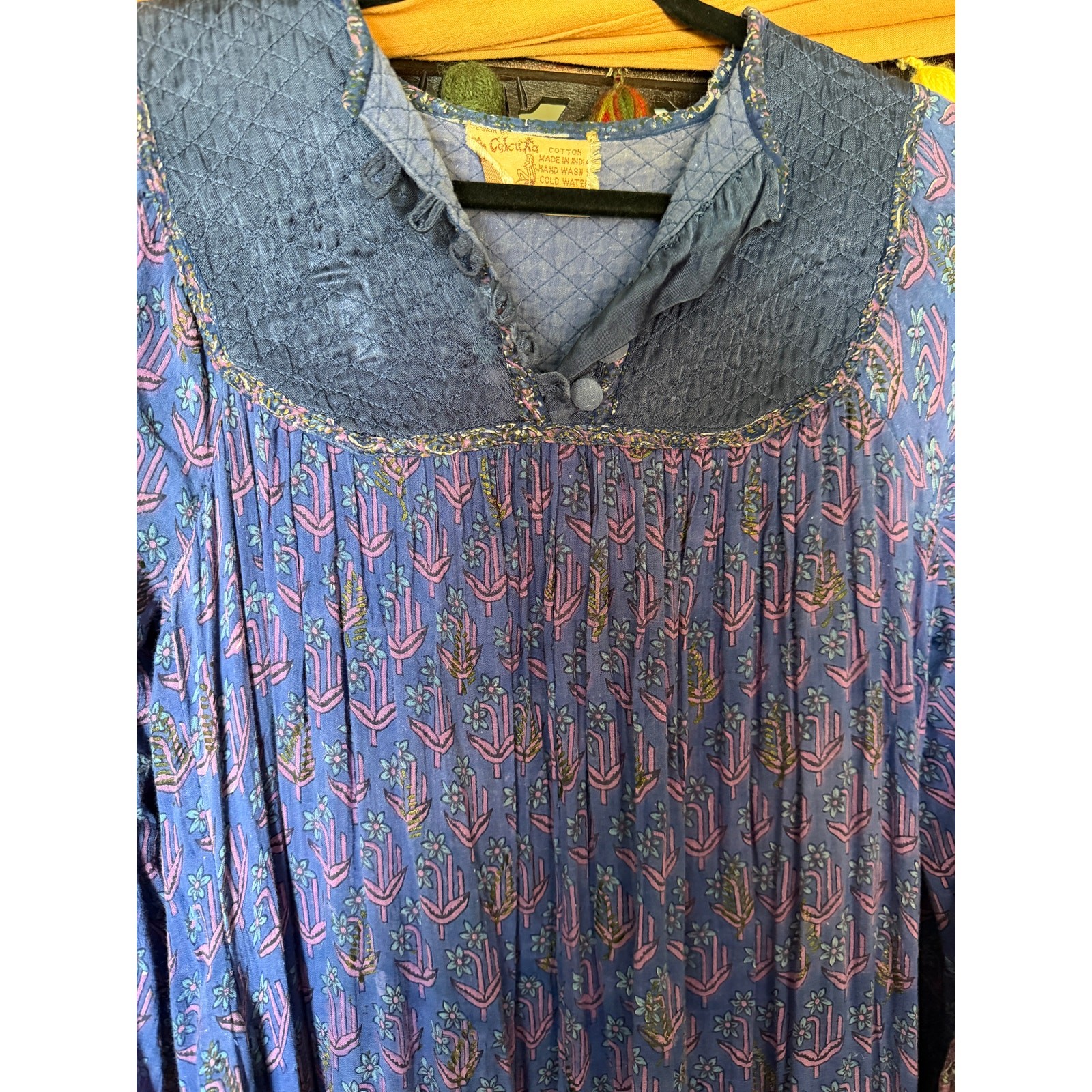 Vintage 60s 70s OH CALCUTTA India Cotton Gauze block print angel sleeve dress