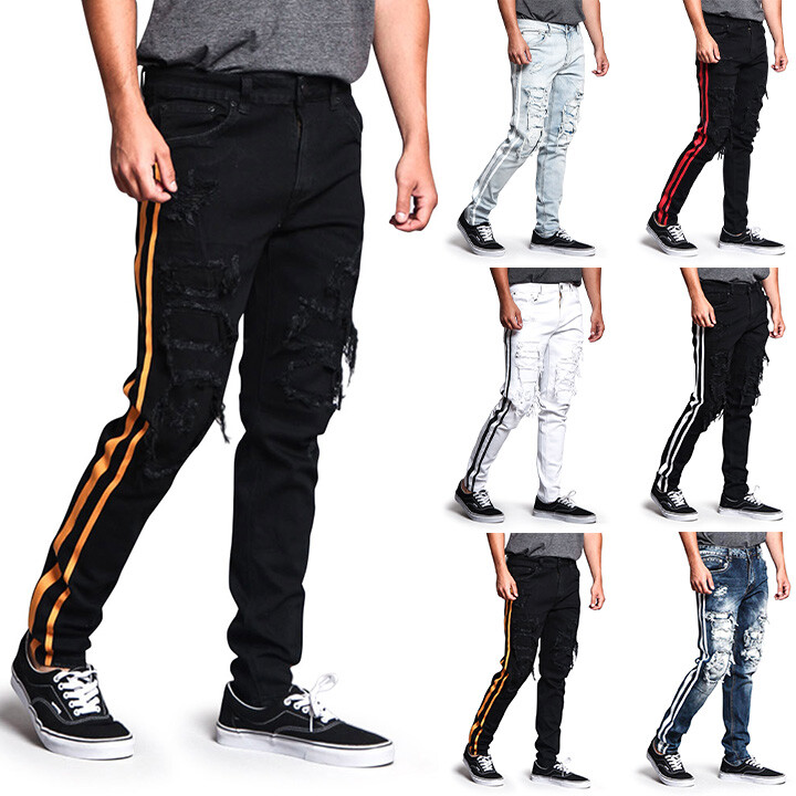 Victorious Men’s Casual Distressed Double Striped Skinny Jeans DL1140