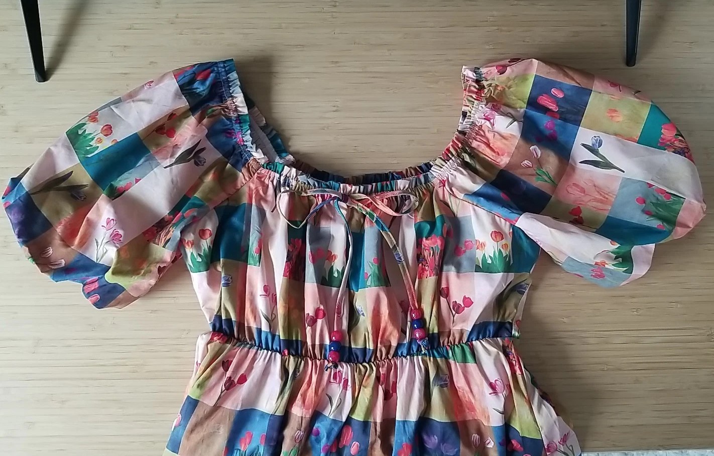 Davi & Dani Checkered Tulip Print Midi Dress NWT Spring Floral Beaded Tie Neck