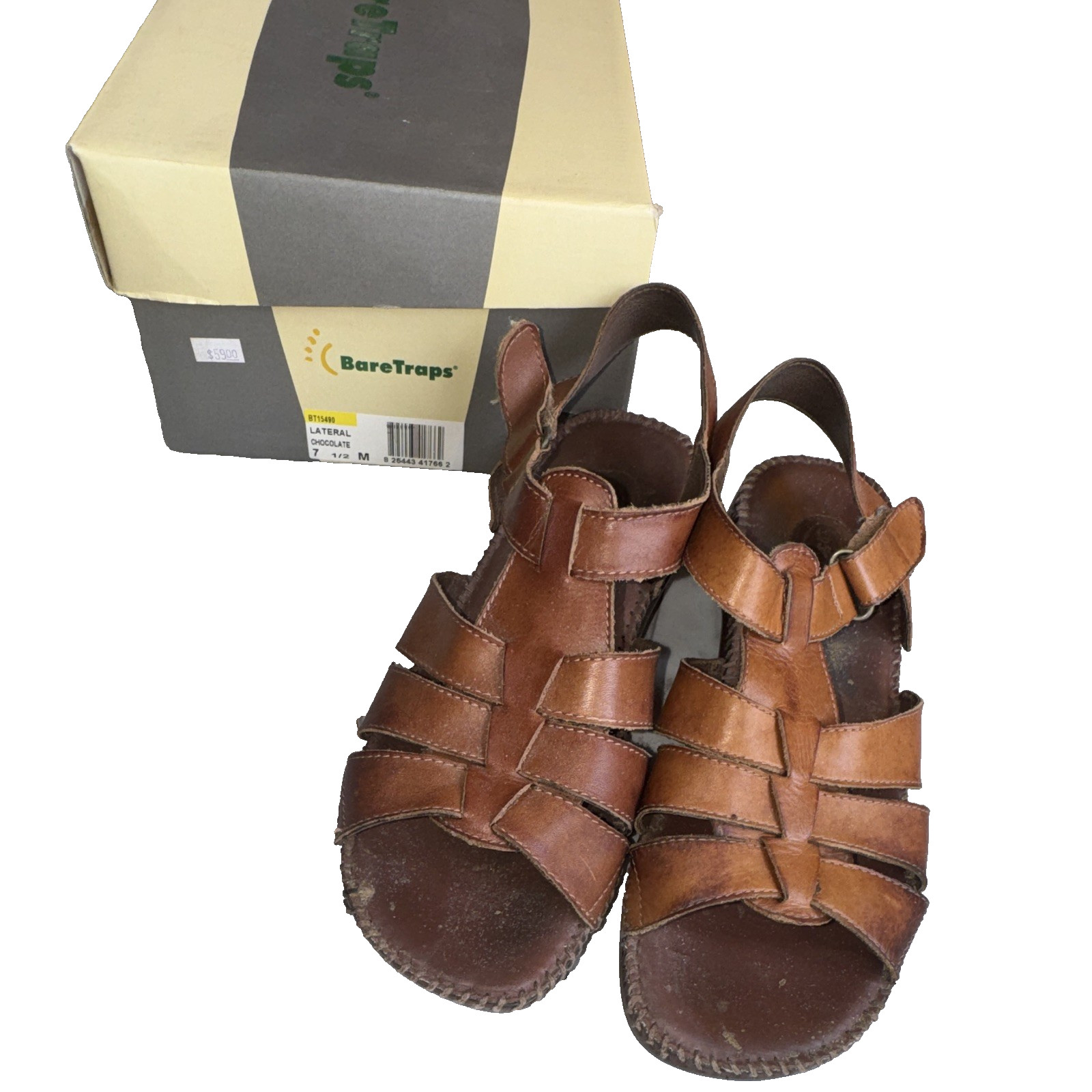 Baretraps Women’s Brown Leather Strappy Wedge Sandals Hook & Loop US 7.5M