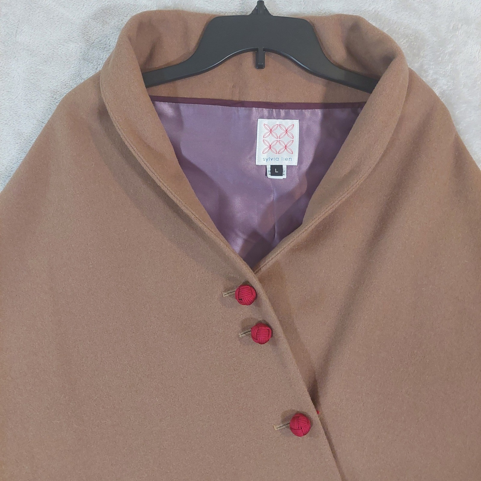 Sylvia Lien Wool Cape Wrap Womens Large Camel Tan Red Toggle Button Made in USA