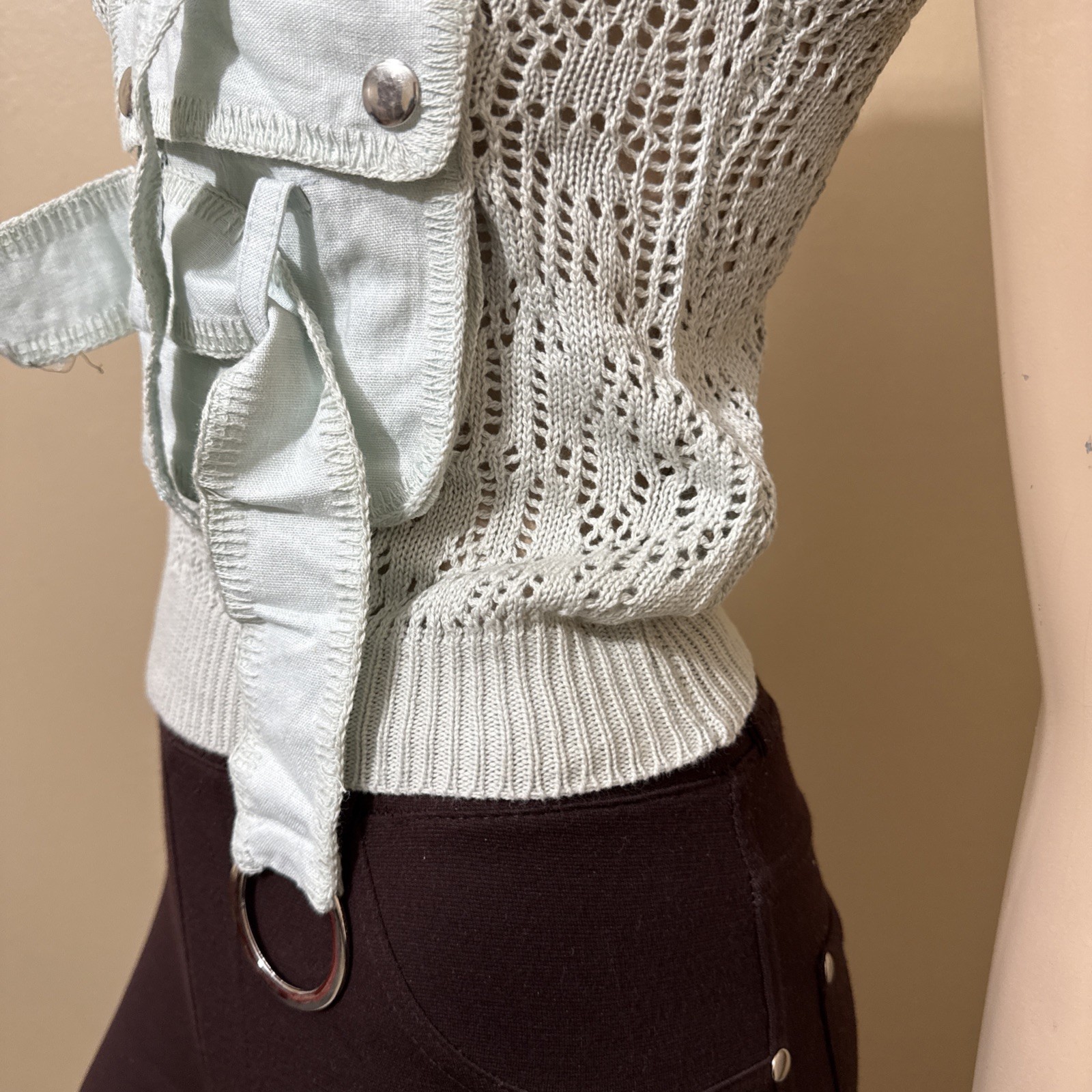 Women’s Light Blue Cotton Casual Stretch Buckle Knitted Pocket Size M/L Blouse