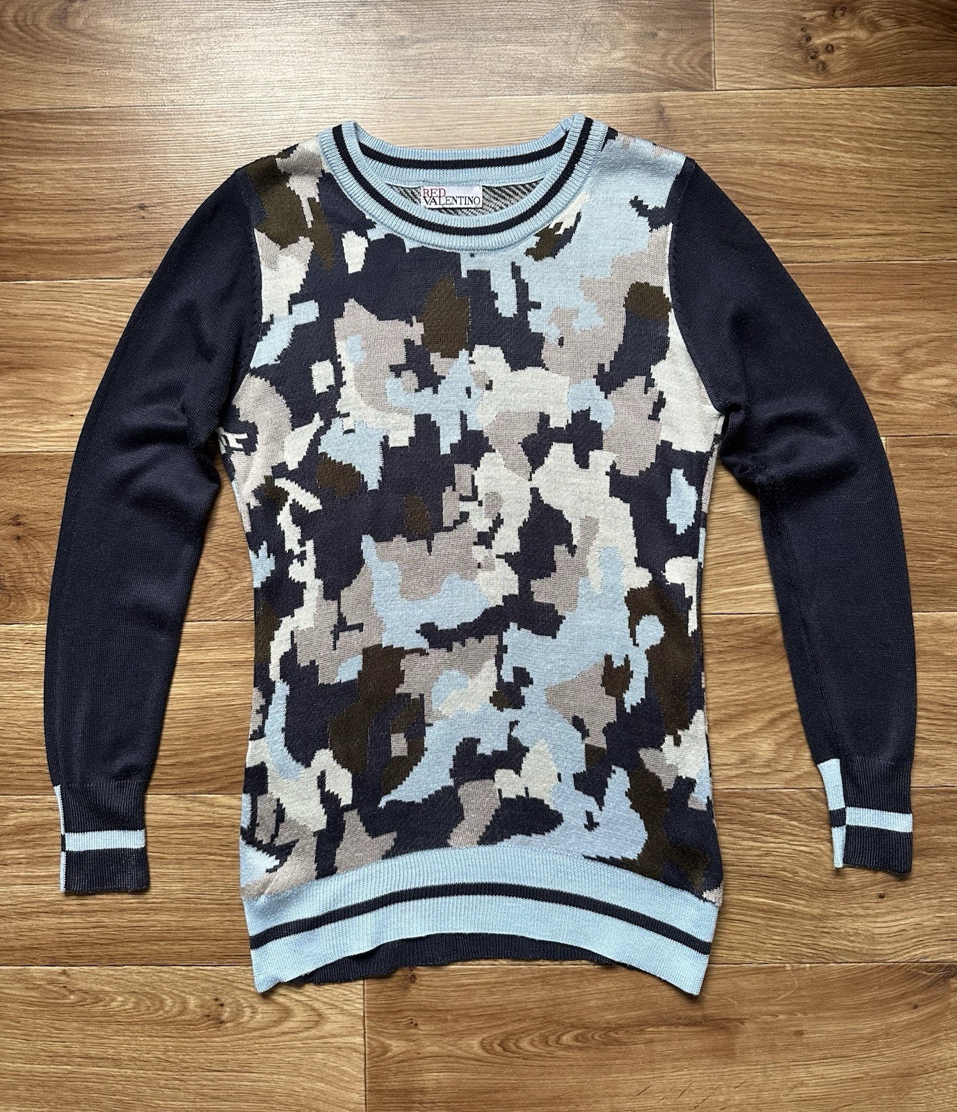RED Valentino Camo Knit Wool Sweater Intarsia Camouflage Crewneck Pullover Top S