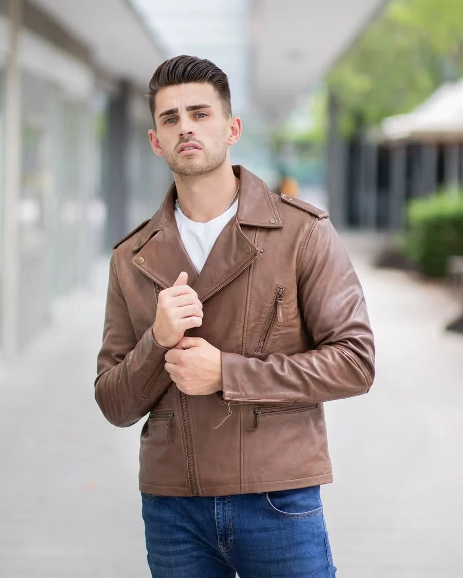 Premium Modern Brown Genuine Leather Jacket Men’s Fashion Biker Style XS to 2XL