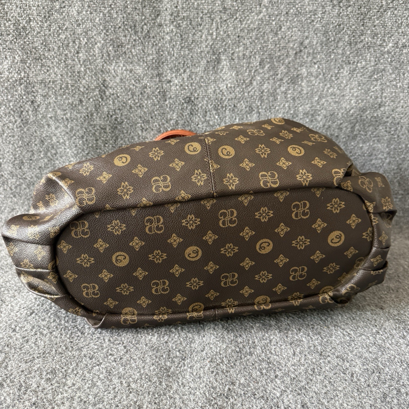 Brown Logo Print Satchel Top Handle Bag Double Handles Zip Gold Studded Accents
