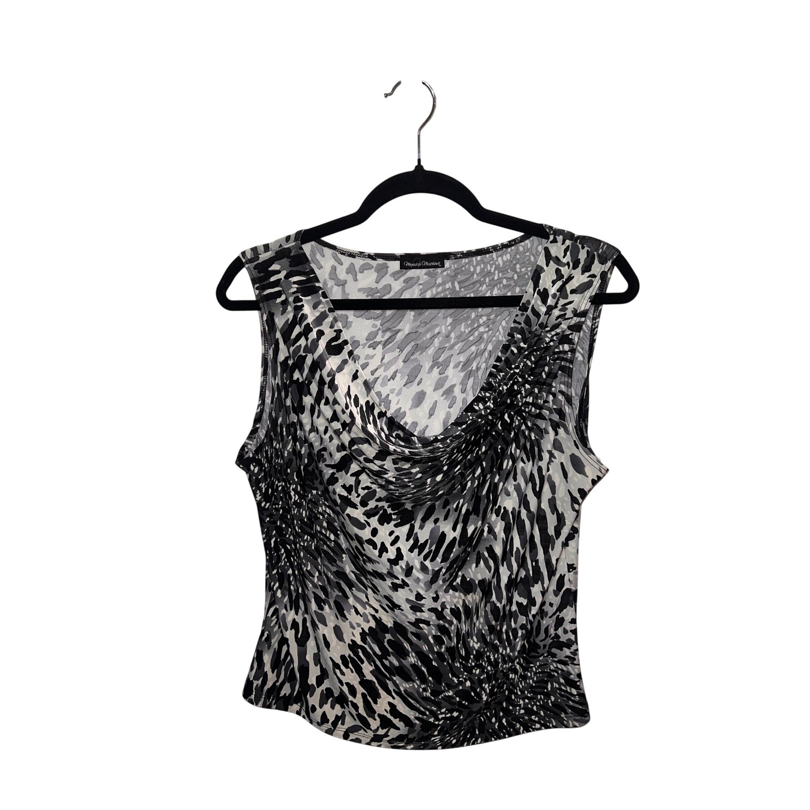 Cowl Neck Abstract Animal Print Sleeveless Top Grey Black PXL