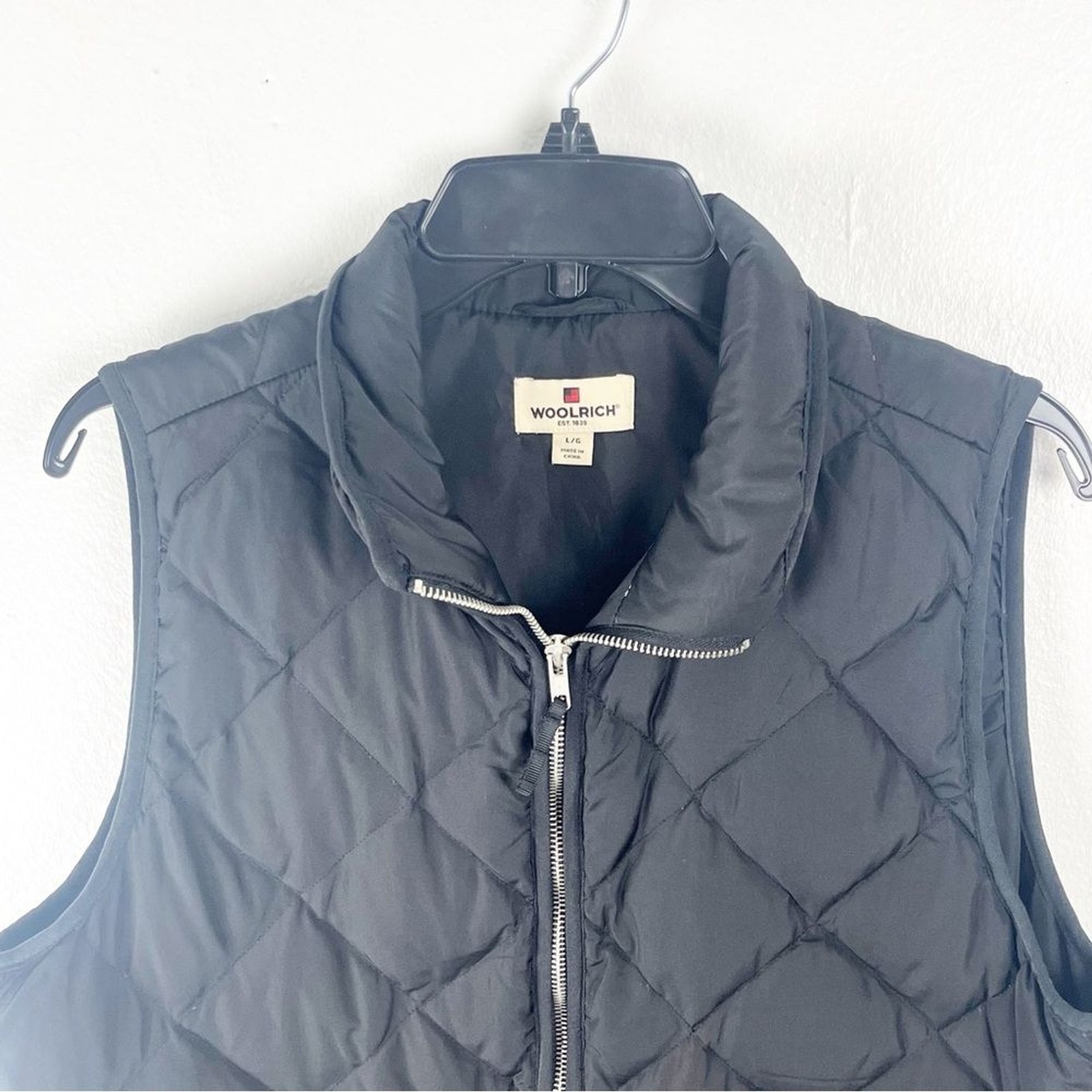 WOOLRICH Black Down Filled Full Zipper Button Closure Pockets Vest, Size Large