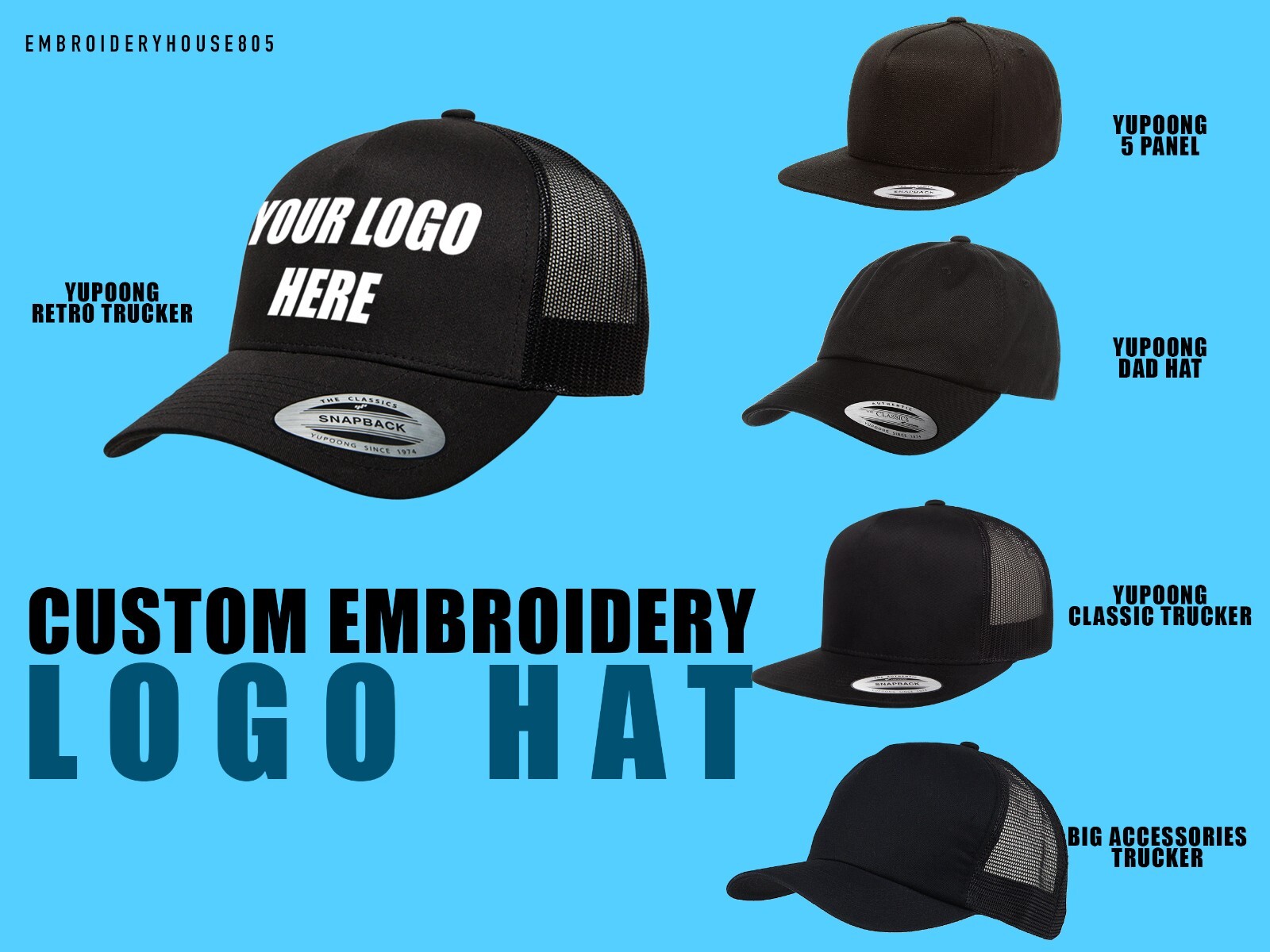 Custom Logo Hat Embroidery – Hat with your logo – Hat, Snapback, Trucker Hat