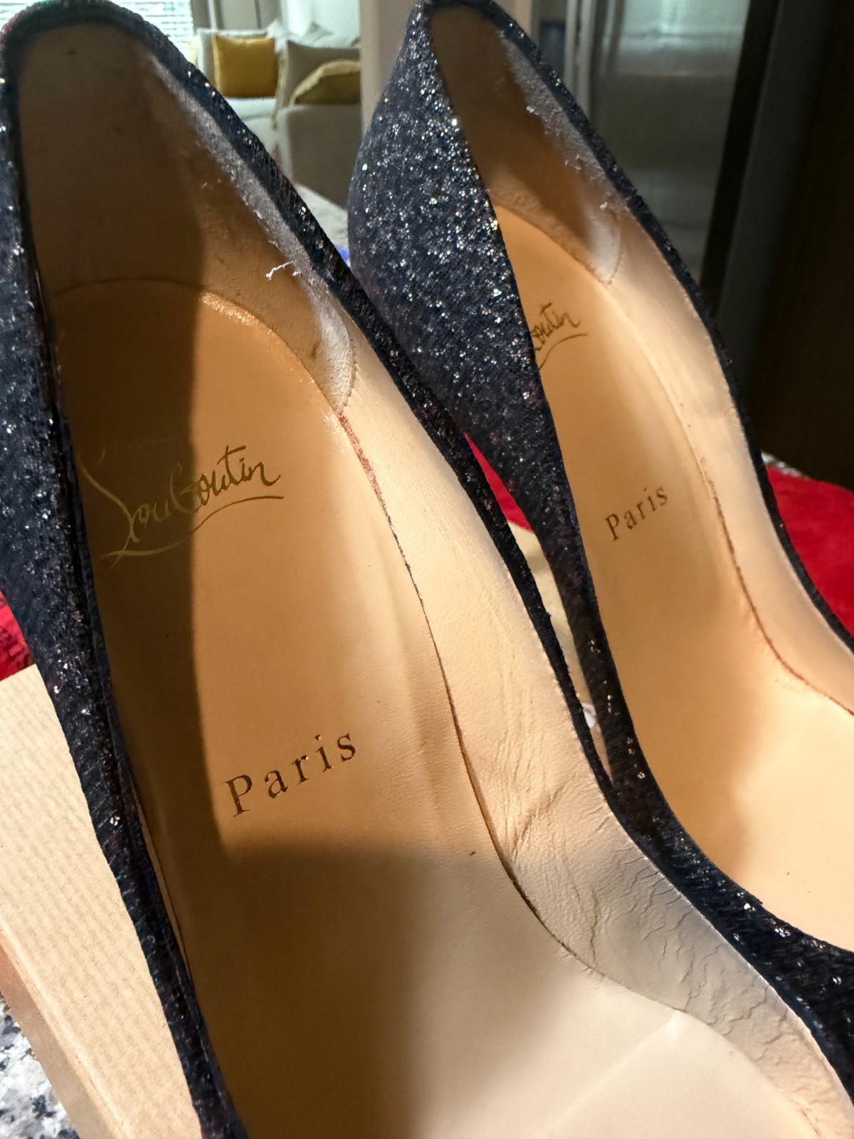 Authentic-Christian Louboutin Pigalle Follies 100 Glitter Black Pumps Size 37.5