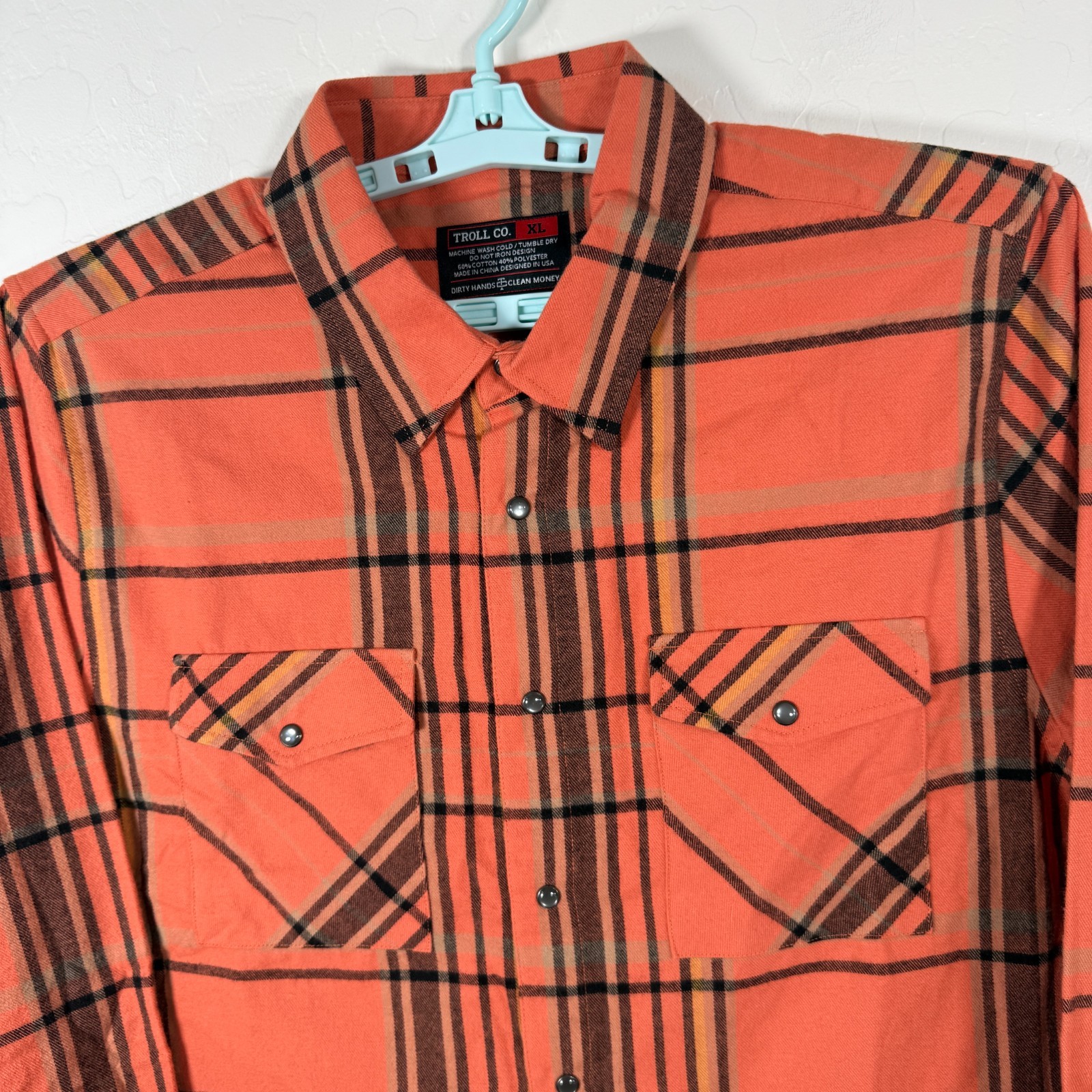 Troll Co Flannel Shirt Mens XL Orange Pearl Snap Button Western Plaid New