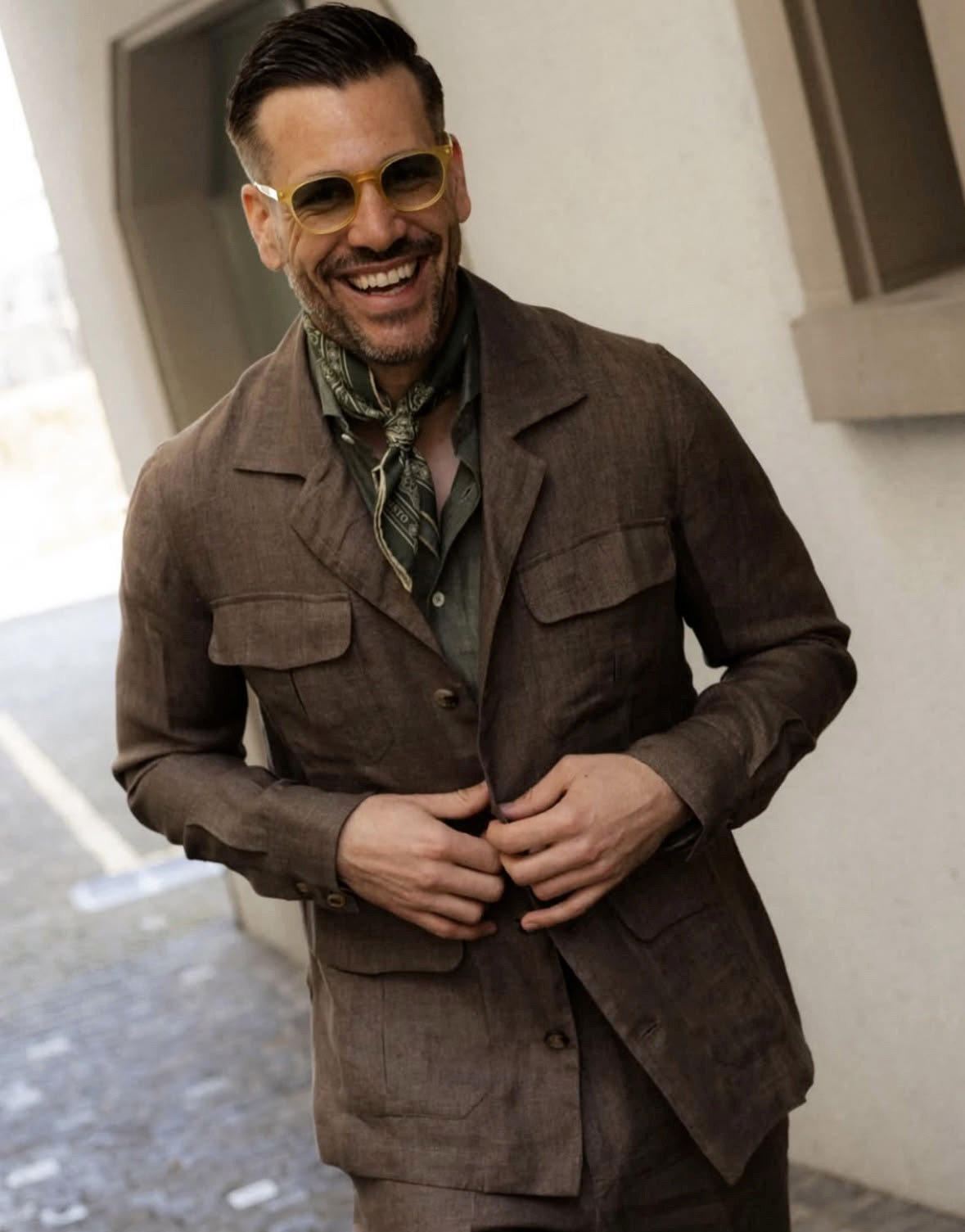 Brown Linen Men Safari Jacket Dinner Party Formal Prom Men Hunting Coat