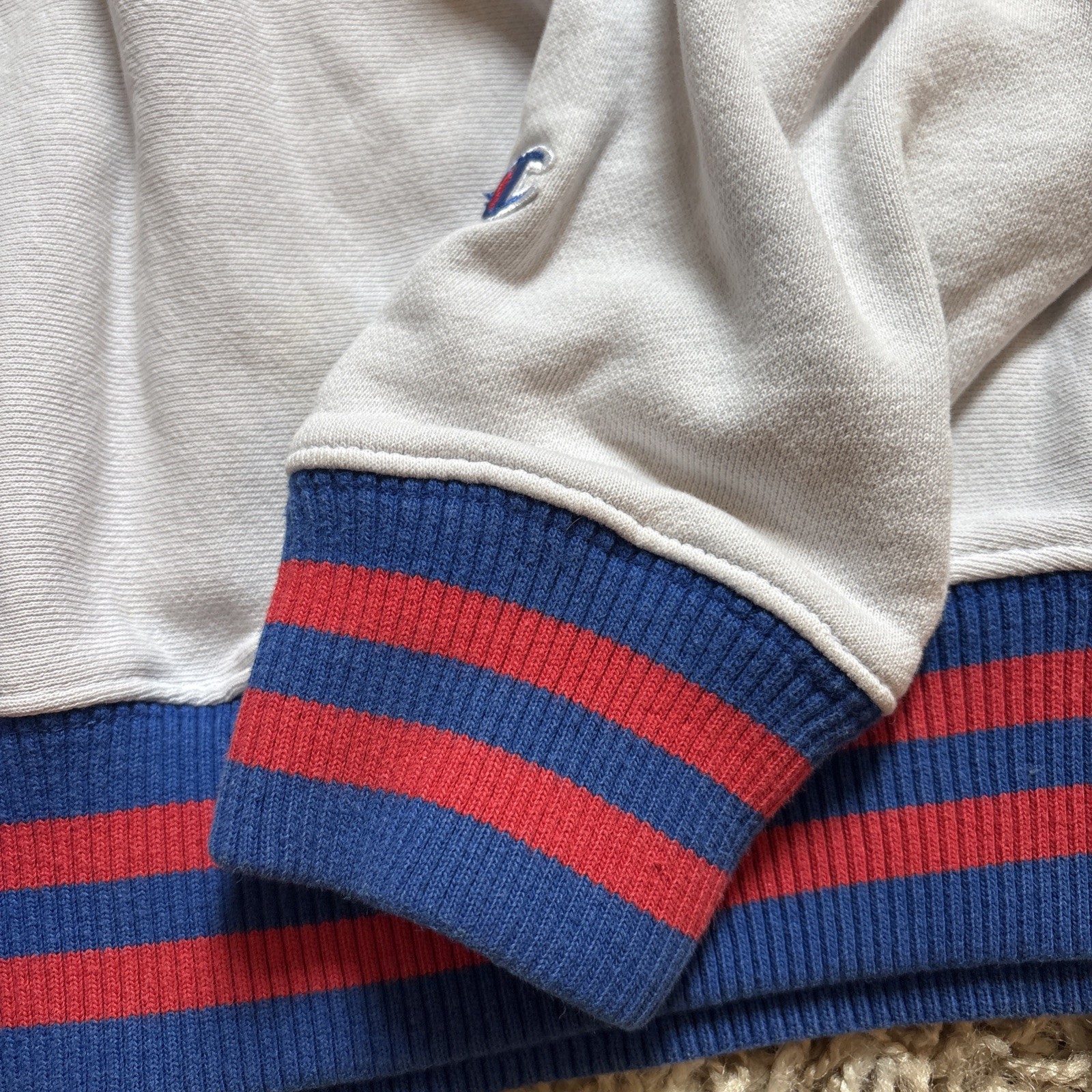 Champion Sweatshirt Men Reverse Weave Large EUC White-Red Blue Trim Preppy Y2K