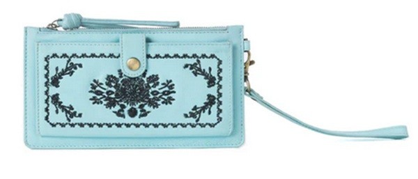 Myra Bag #12832 Rich Turquoise Embroidered Leather 7.75″x4.25″ Wallet~Zip~Snap