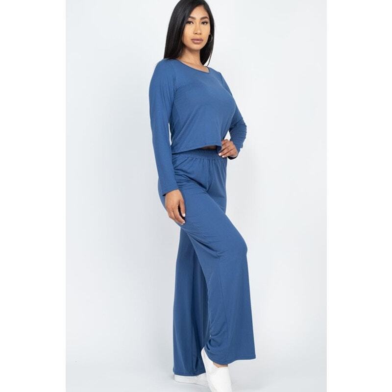 Loose Fit Long Sleeve Top & Pants Set in Blue Size Medium