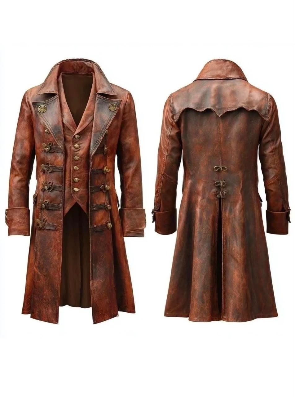 Genuine Leather Steampunk Pirate Coat Set | Men’s Trench Coat Pants Headband