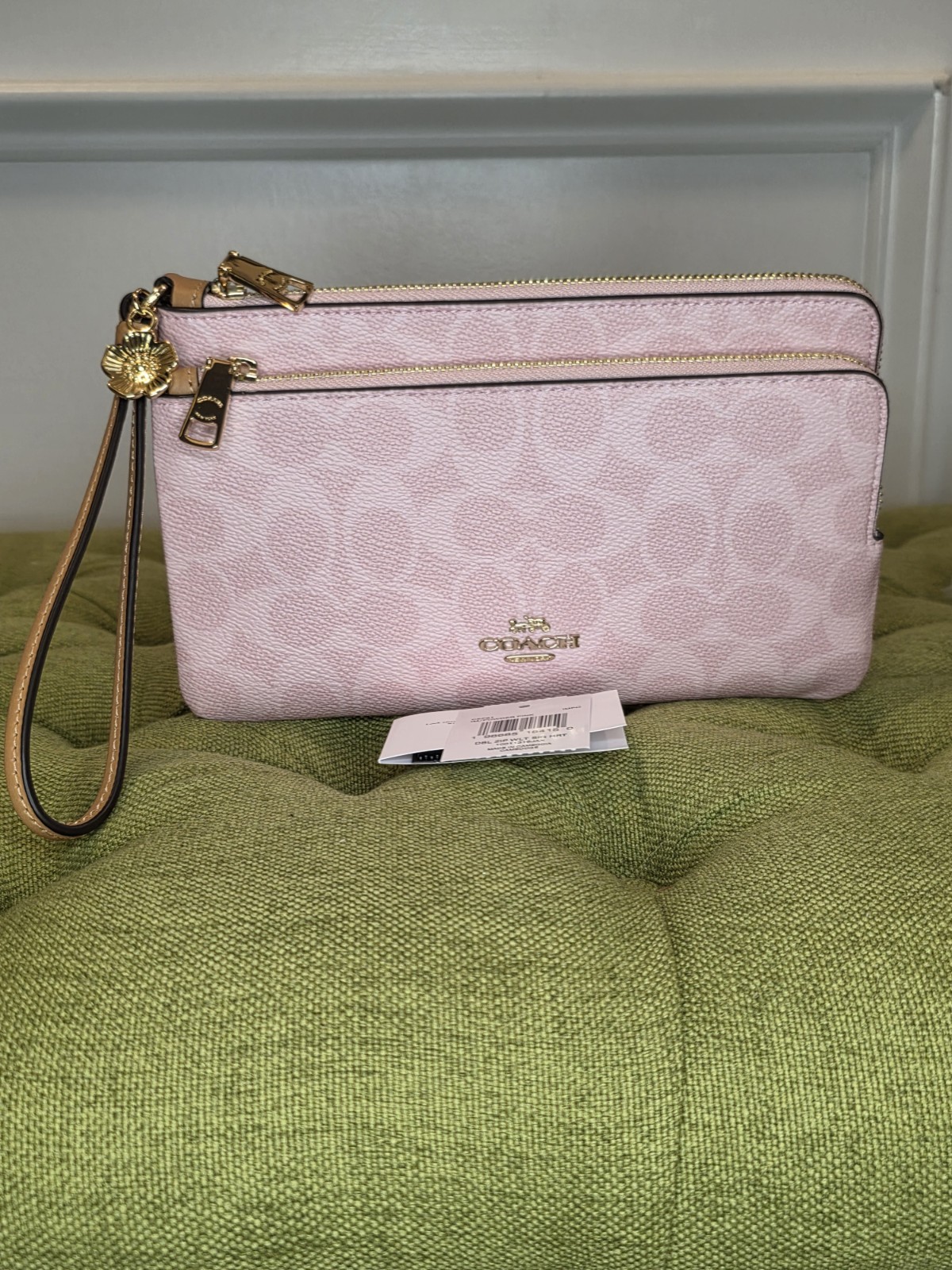 New Coach Double Zip Wristlet In Powder Pink Signature Canvas With Charms