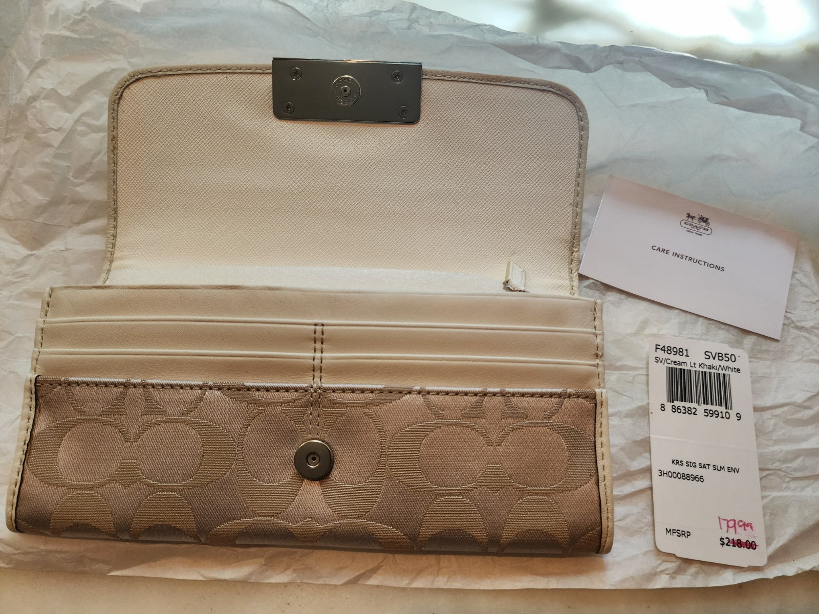 COACH White Signature Logo Wallet Khaki Silver Cream New with Tags