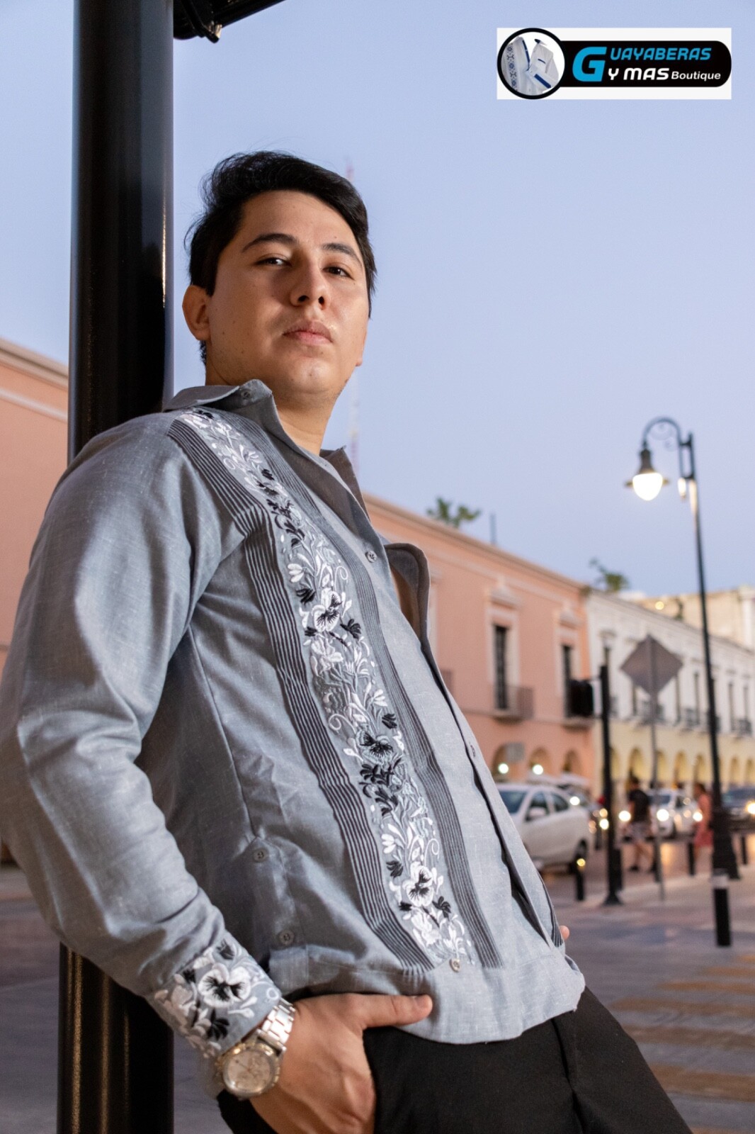 Mexican Wedding Guayabera Gray Fabric Long Sleeve Gray Silver Black Embroidery