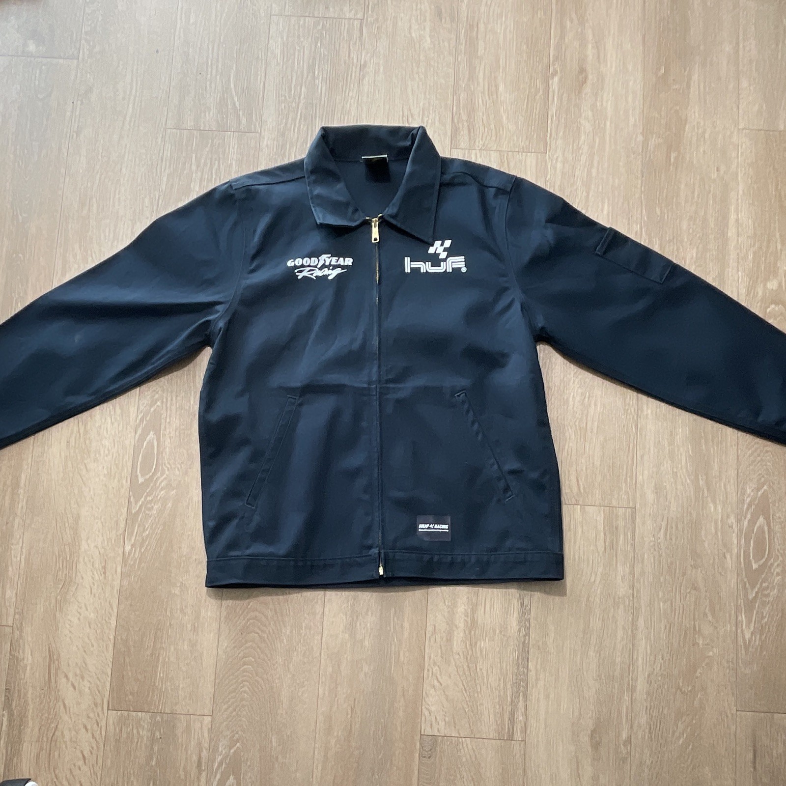 HUF x Goodyear Racing Men’s M Blue Full Zip Jacket Logo Spread Collar Short