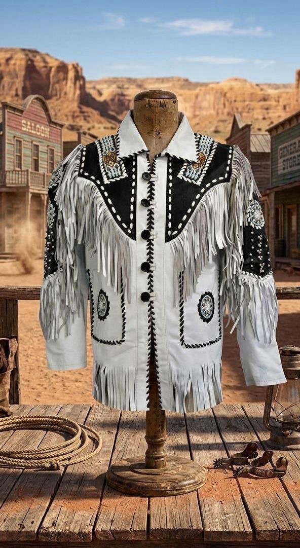 Western Cowhide Leather Jacket Mens Native American Beads & Fringe Cowboy Jacket