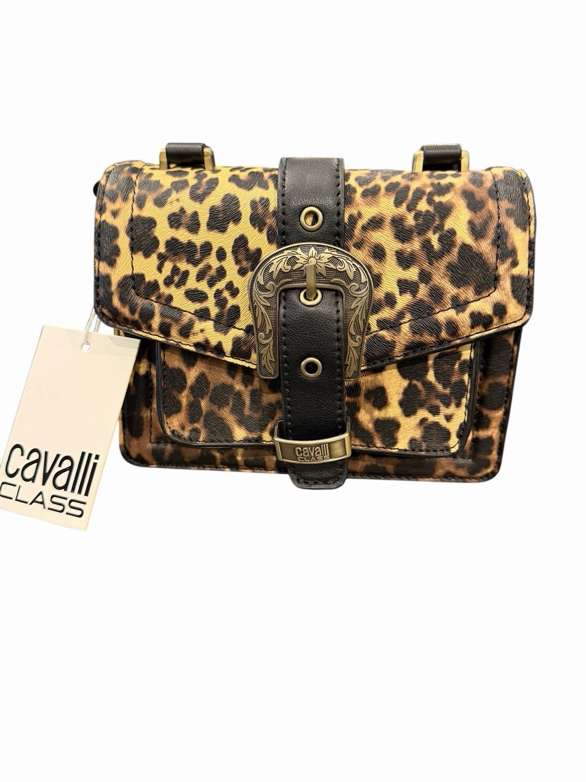 Cavalli Class Como Mini Bag Top Handle Leopard w/Black Crossbody Buckle NEW $98