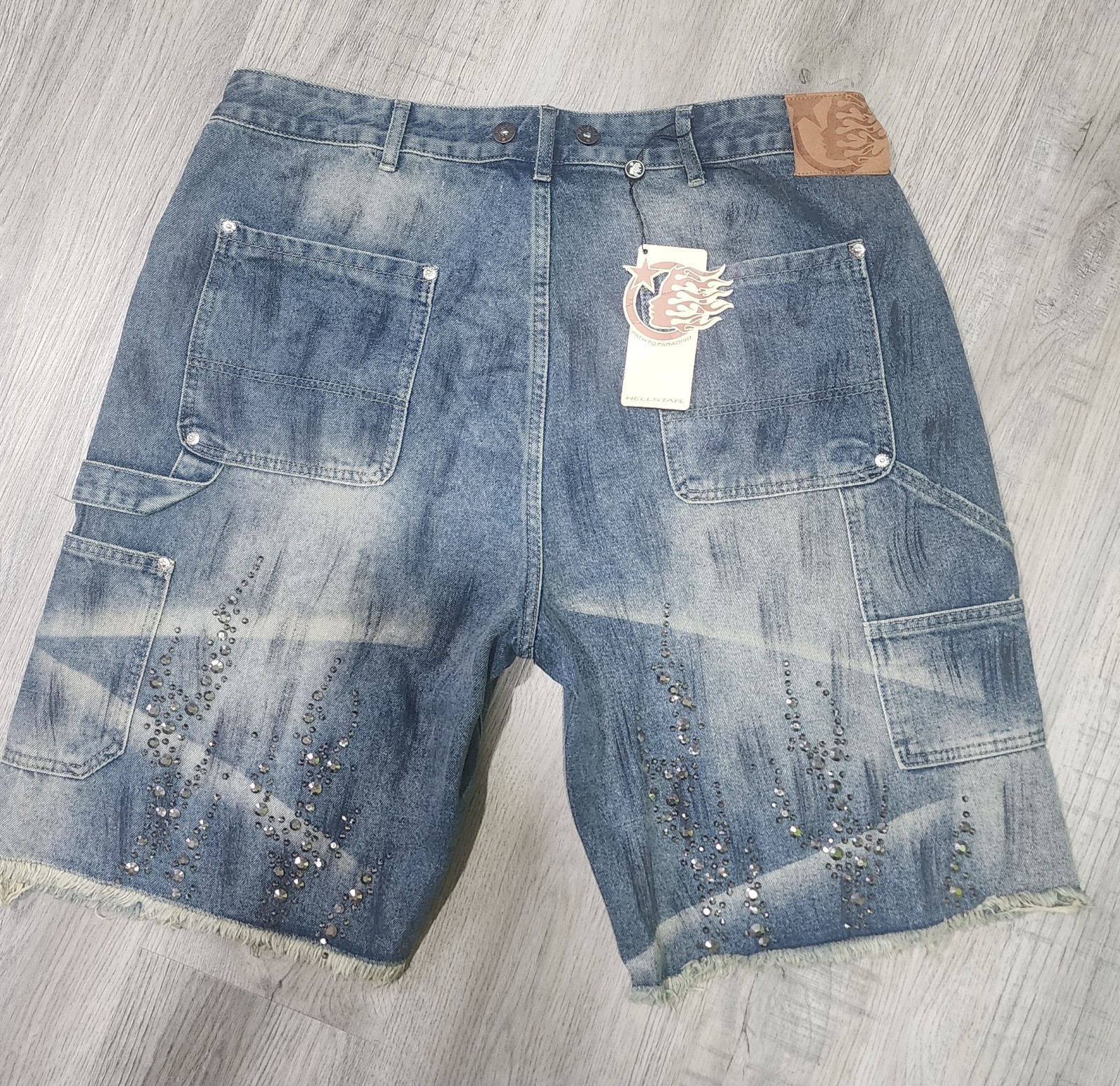 Helostar Men’s Blue Denim Cargo Shorts Medium Wash Rhinestone Fringe Pockets