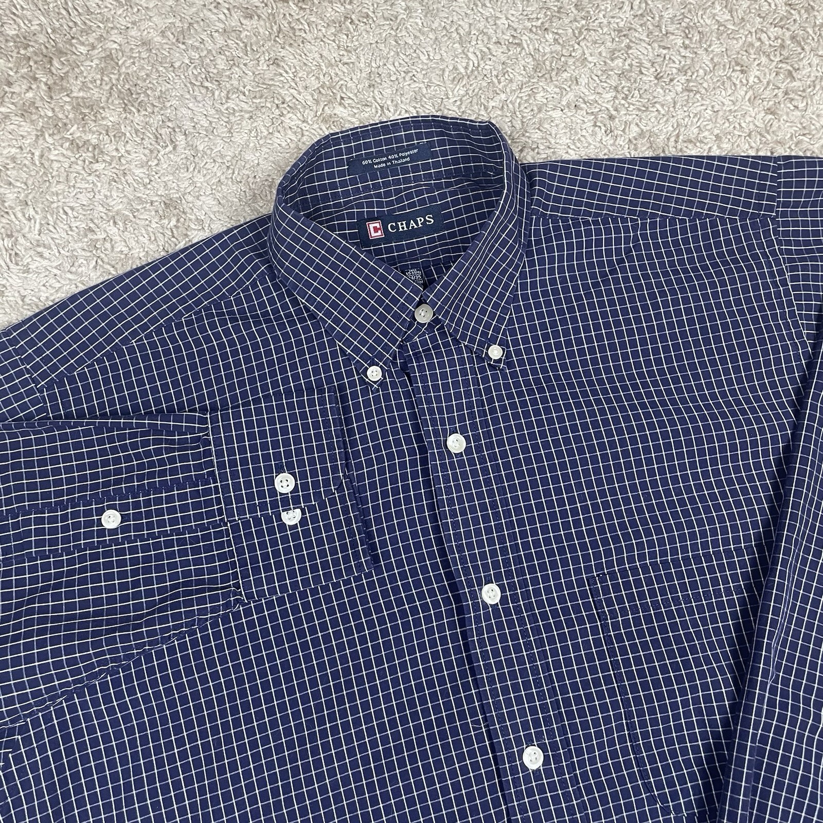 Chaps Shirt Men’s Medium Long Sleeve Button Down Blue Plaid Wrinkle Free