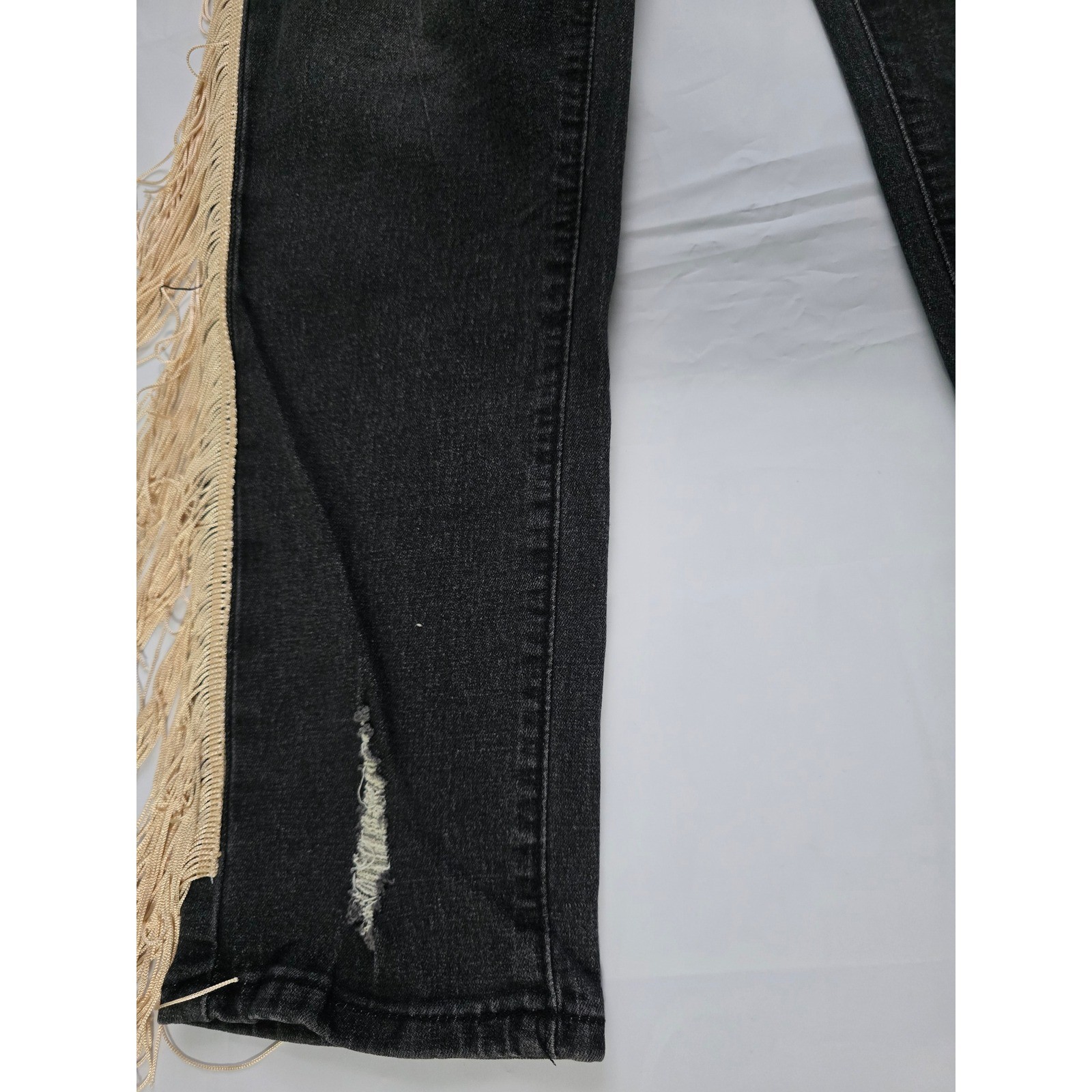 Shein Distressed Fringe Side Trim Jeans Black High Waisted Boho Ripped Denim M