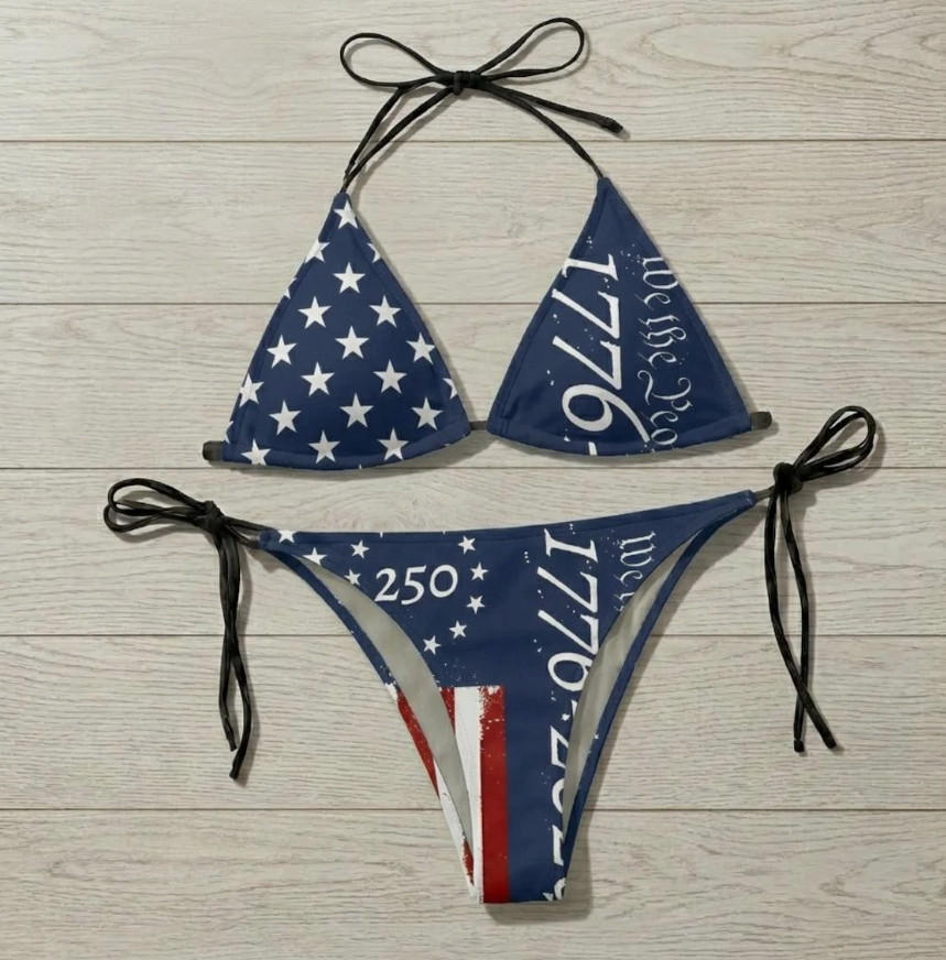 Patriotic American Flag Bikini and Swim Trunks Set, USA Stars Stripes 4th July