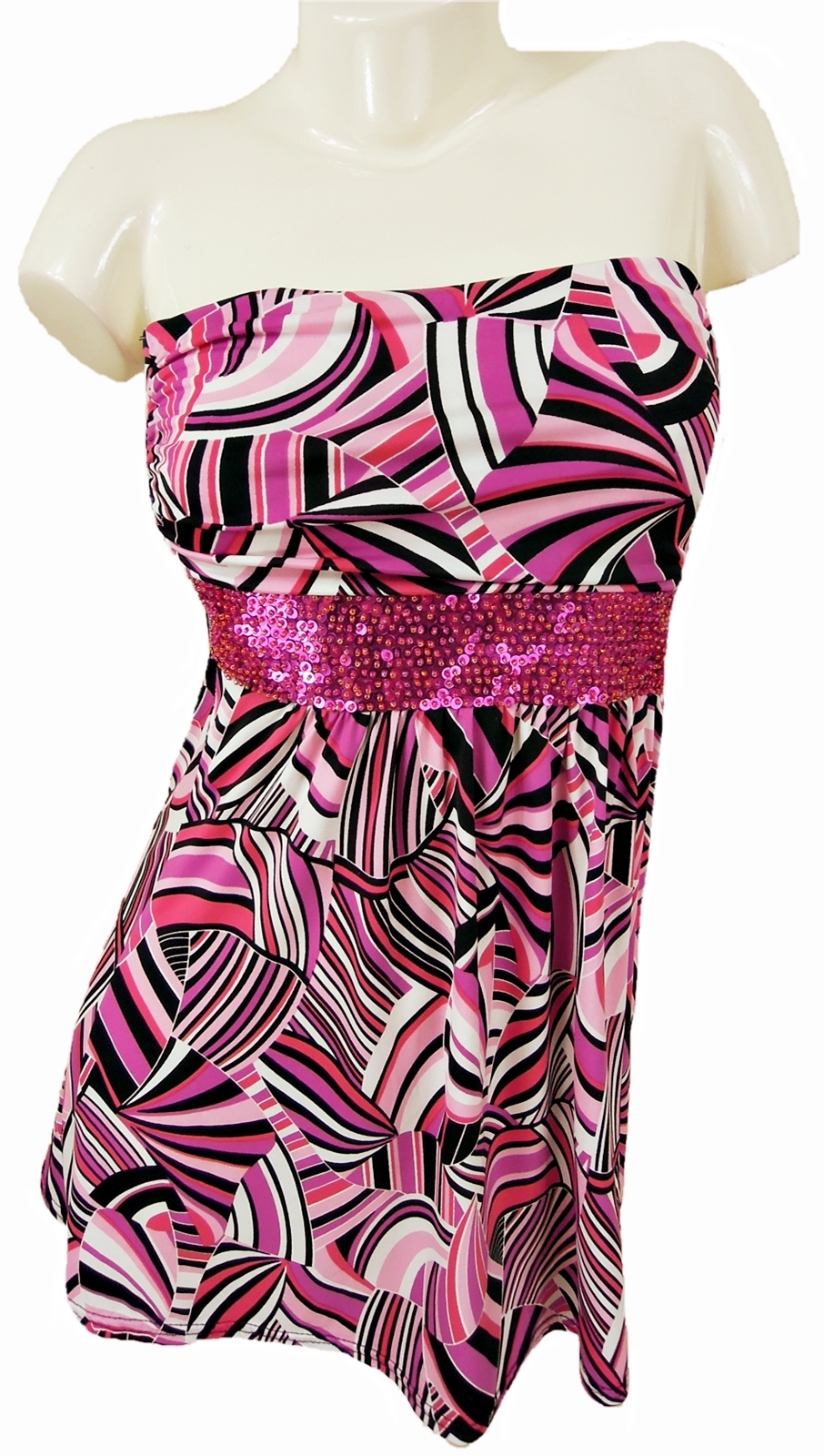 GEOMETRIC PRINT STRAPLESS BANDEAU LONG TOP / MINI DRESS, BAY, UK 12, LT200