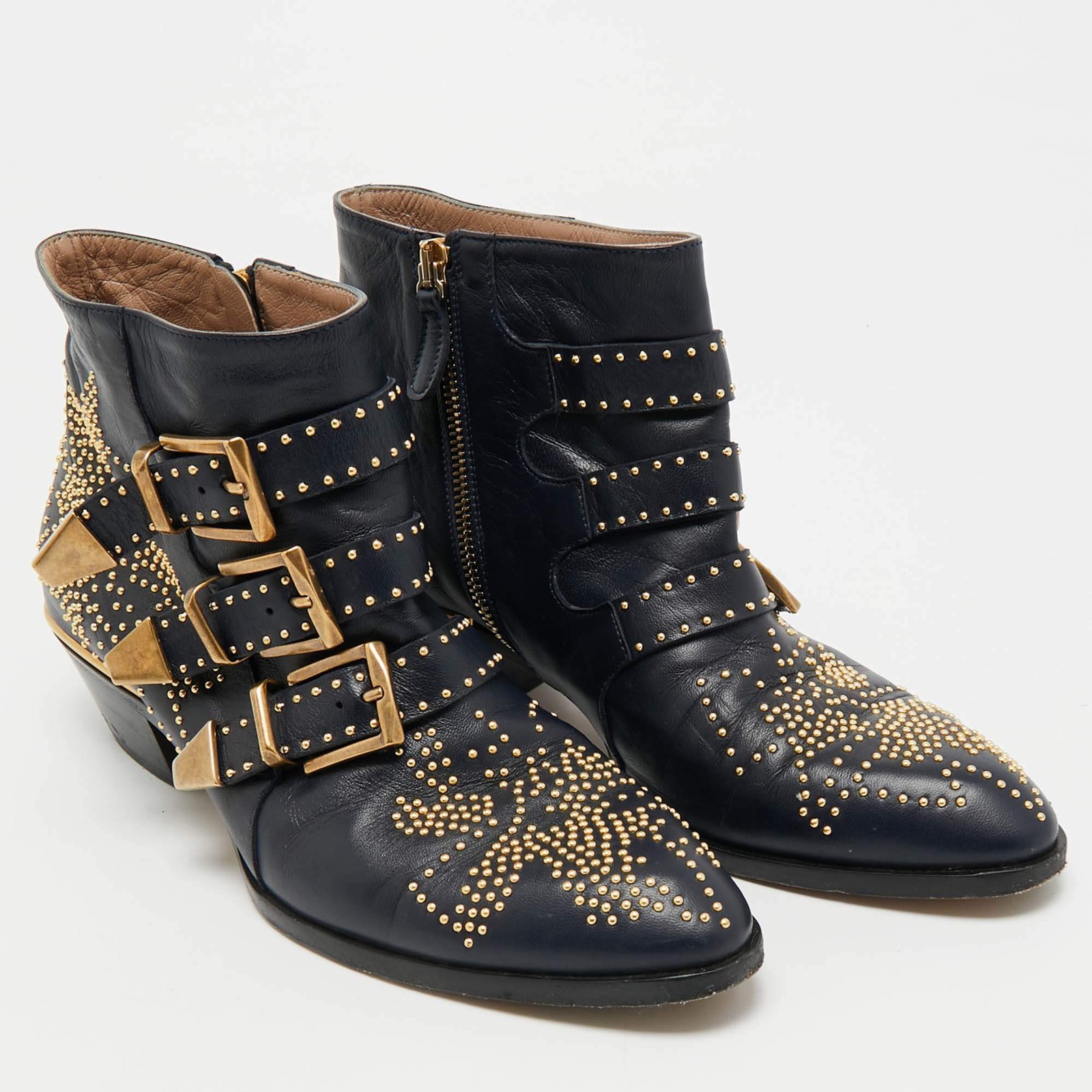 Chloe Susanna Studded Size 38 Navy Blue Leather Ankle Boots
