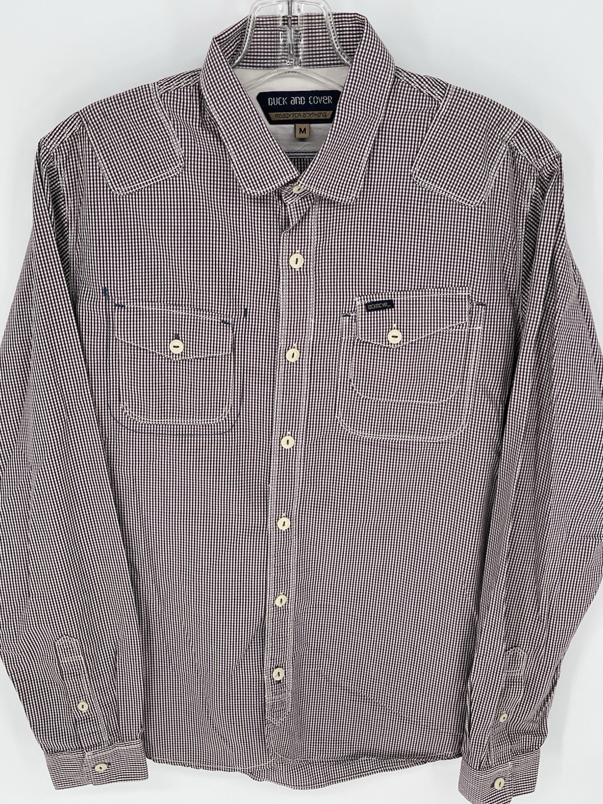 Duck And Cover Gingham Shirt Medium Button Up Long Sleeve 100% Cotton Pockets