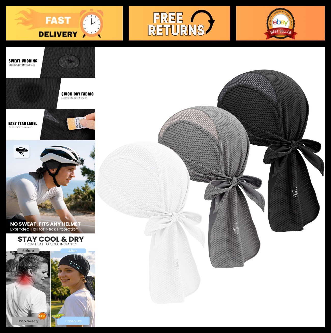 Cooling Skull Cap Bandana – Sweat Wicking Head Wrap for Cycling, Running, Motorc