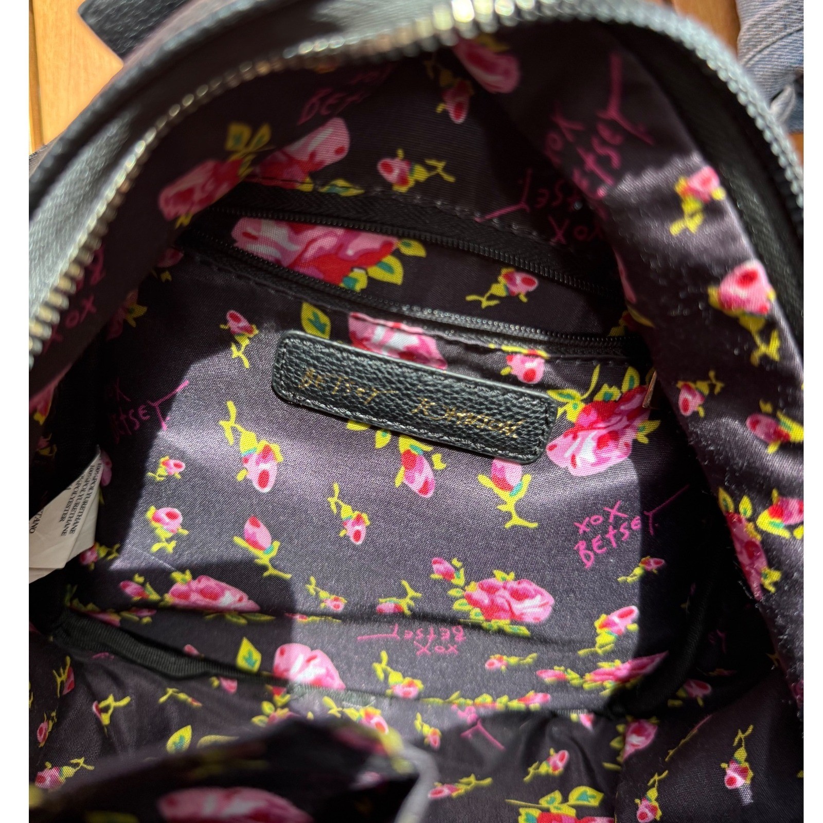 Betsey Johnson Black Quilted Heart Mini Backpack Floral Lining Gold Hardware