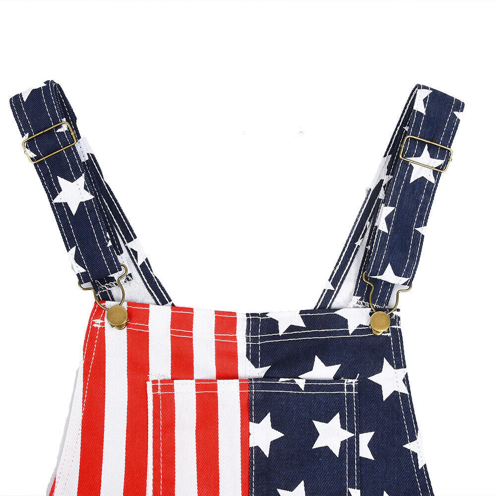 ON SALE!! Overalls USA America Flag Print Bib Pants Jumpsuit Romper Shorts