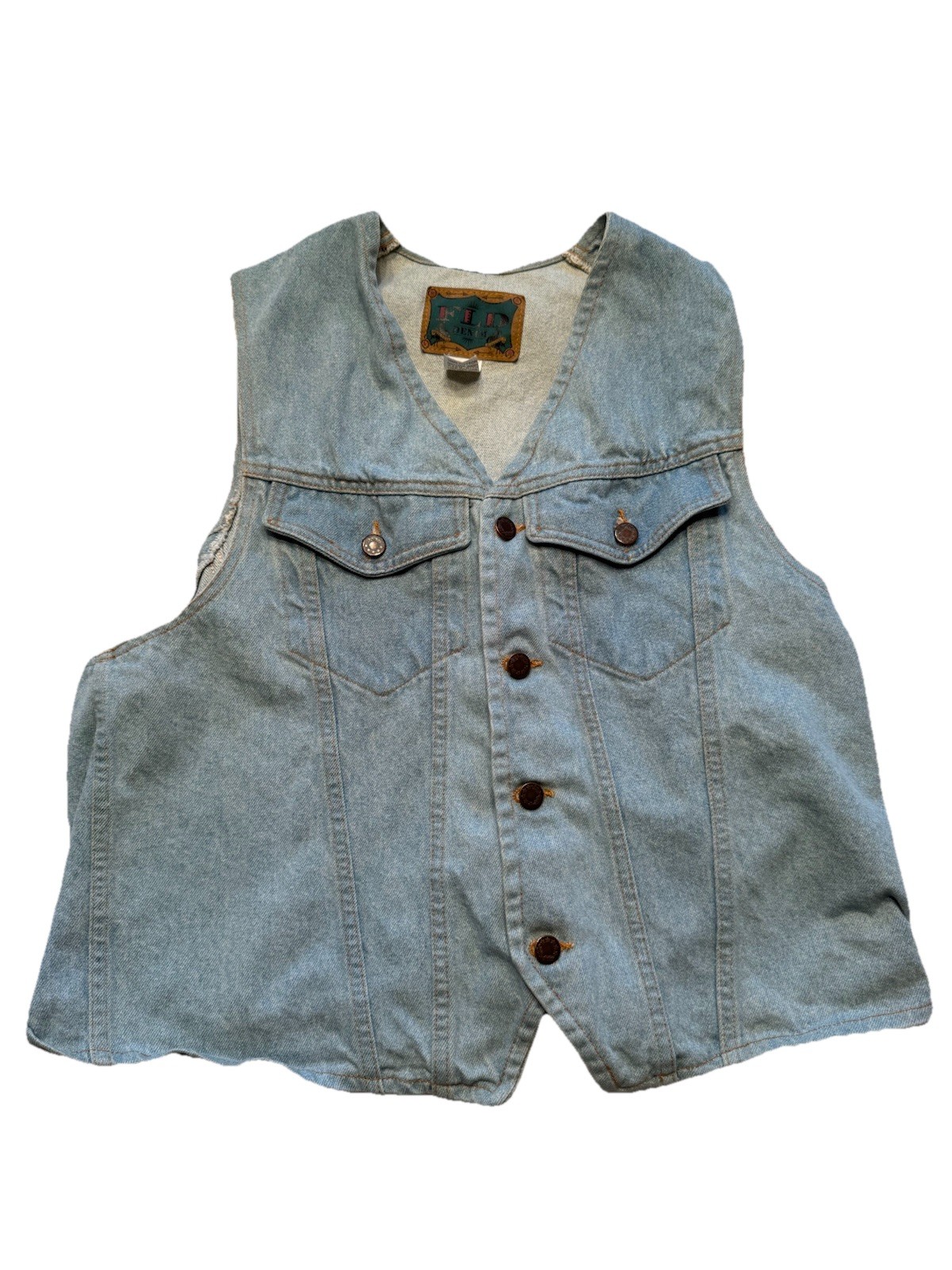 Men’s Vintage FLD Denim Vest, Large, Made In USA. 100% Cotton. Light Blue Jean