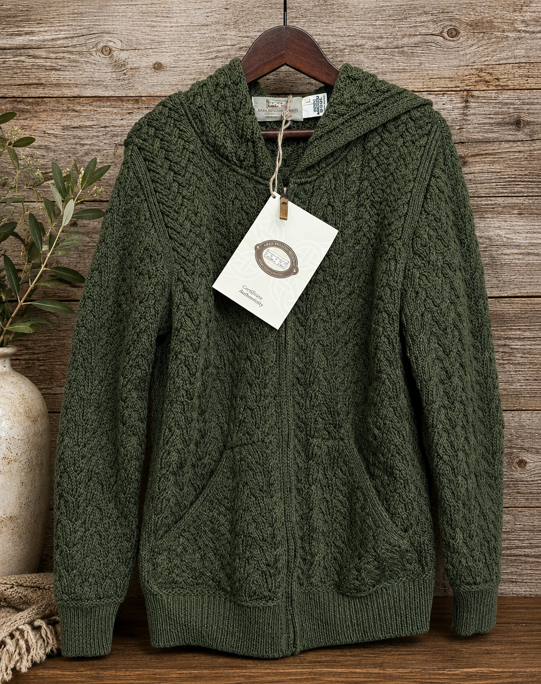 Aran Sweater Market HD4821 100% Merino Wool Hooded Cardigan Army Green Men’s L